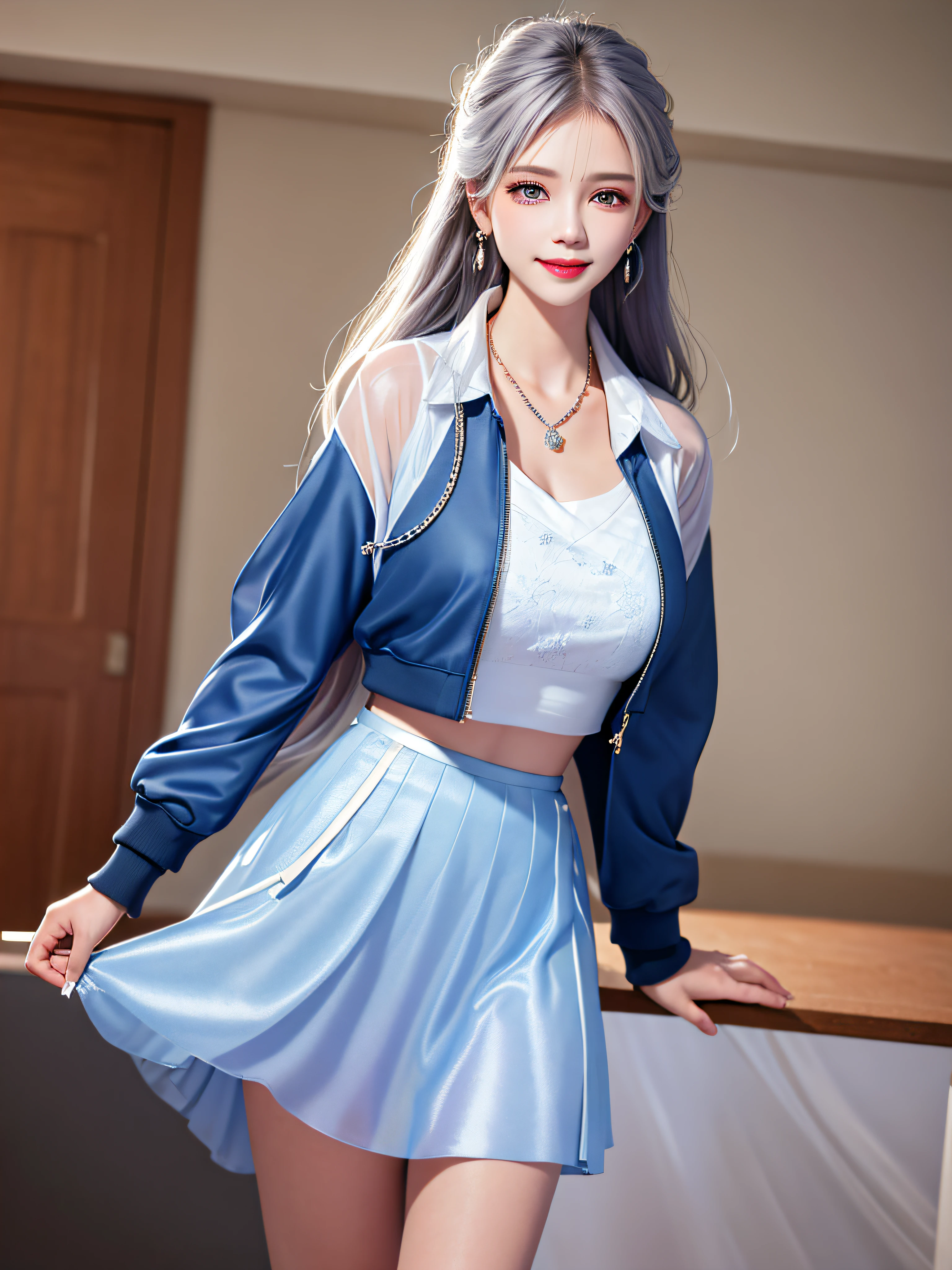 Female Teacher Standing in Classroom v6, Necklace, Earrings, Full Body V6, Long Gray Hair, Translucent Clothes, Looks (Dark Blue Jacket, White Sheer Skirt Slit), Superb (Dark Blue Jacket, White Sheer Skirt Slit), Superb Look, Ultra High Definition, RAW Photography, Realism 1.25), (Bright Lip Gloss, Long Eyelashes, Smooth) Face, Bright Skin, Natural Shadows, Wide Light, Wide Light, Depth of Field, Strong Colors, Subtle Caustics: 0.8), Smile, (Big), V6