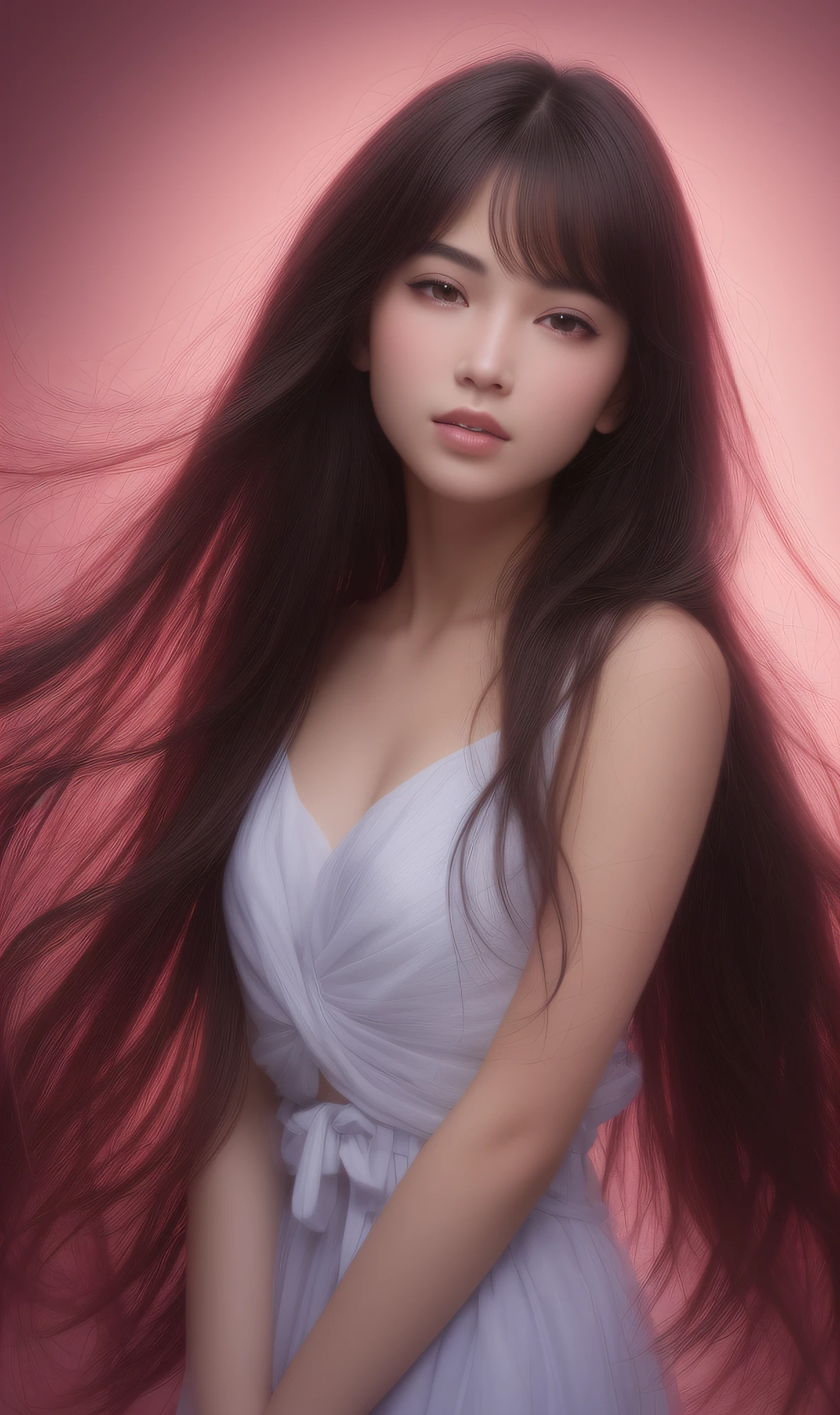 Solo girl portrait (nice perfect face with soft skin, small face with nose and rose-like lips, beautiful eyes, beautiful smile. Black and thin long beautiful hair), bathed in a bright etheric glow), red dress, floating), (lavender background), (top quality, 8k, game CG, photorealistic, wallpaper), (red | green | blue | black | white color), Raphael, USA: 0.5
