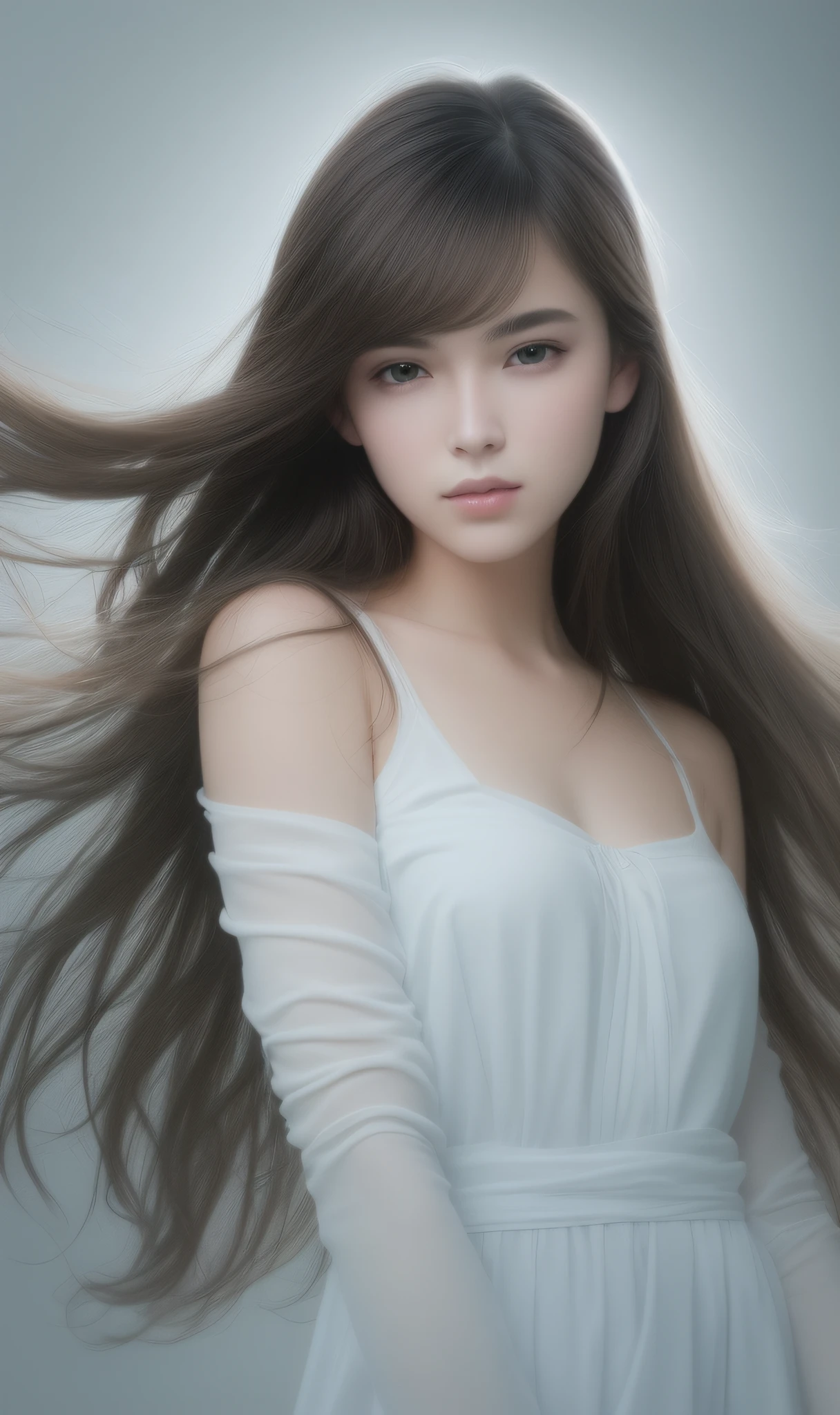 (Solo girl portrait (nice perfect face with soft skin, small face with nose and rose-like lips, beautiful eyes, beautiful smile. Black and thin long beautiful hair bathed in a bright etheric glow), light greige dress, floating), (lavender background), (top quality, 8k, game CG, photorealistic, wallpaper), (red | green | blue | black | white color), Raphael, USA: 0.5