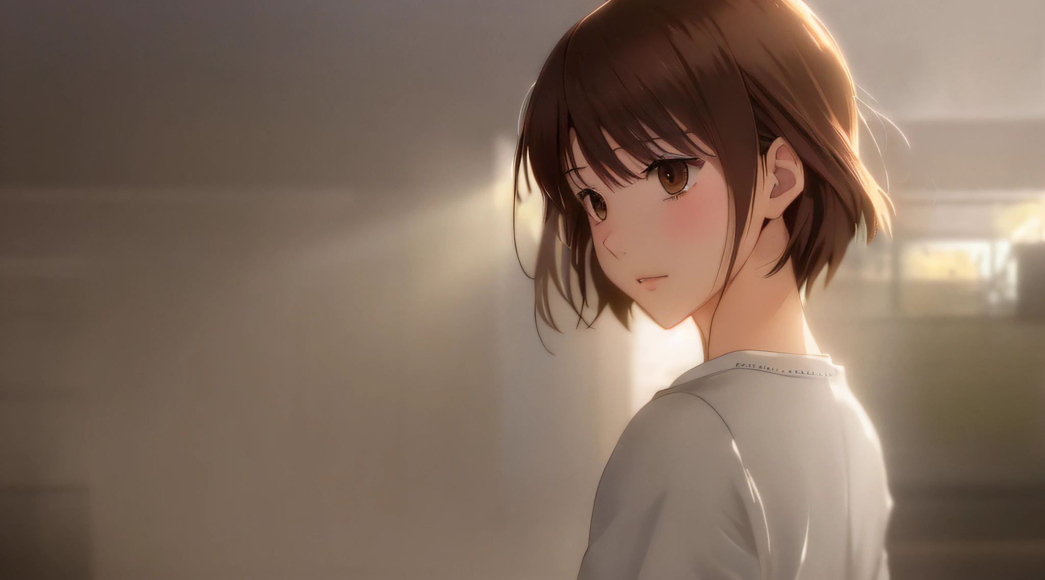 Detailed and perfect anime style illustration, brown short hair, very cute young woman, female focus, solo, upper body, wearing gray shirt, gray long skirt. Daydream, dramatic and fantastic foggy mysterious background, background blurred, dramatic lighting Makoto Shinkai