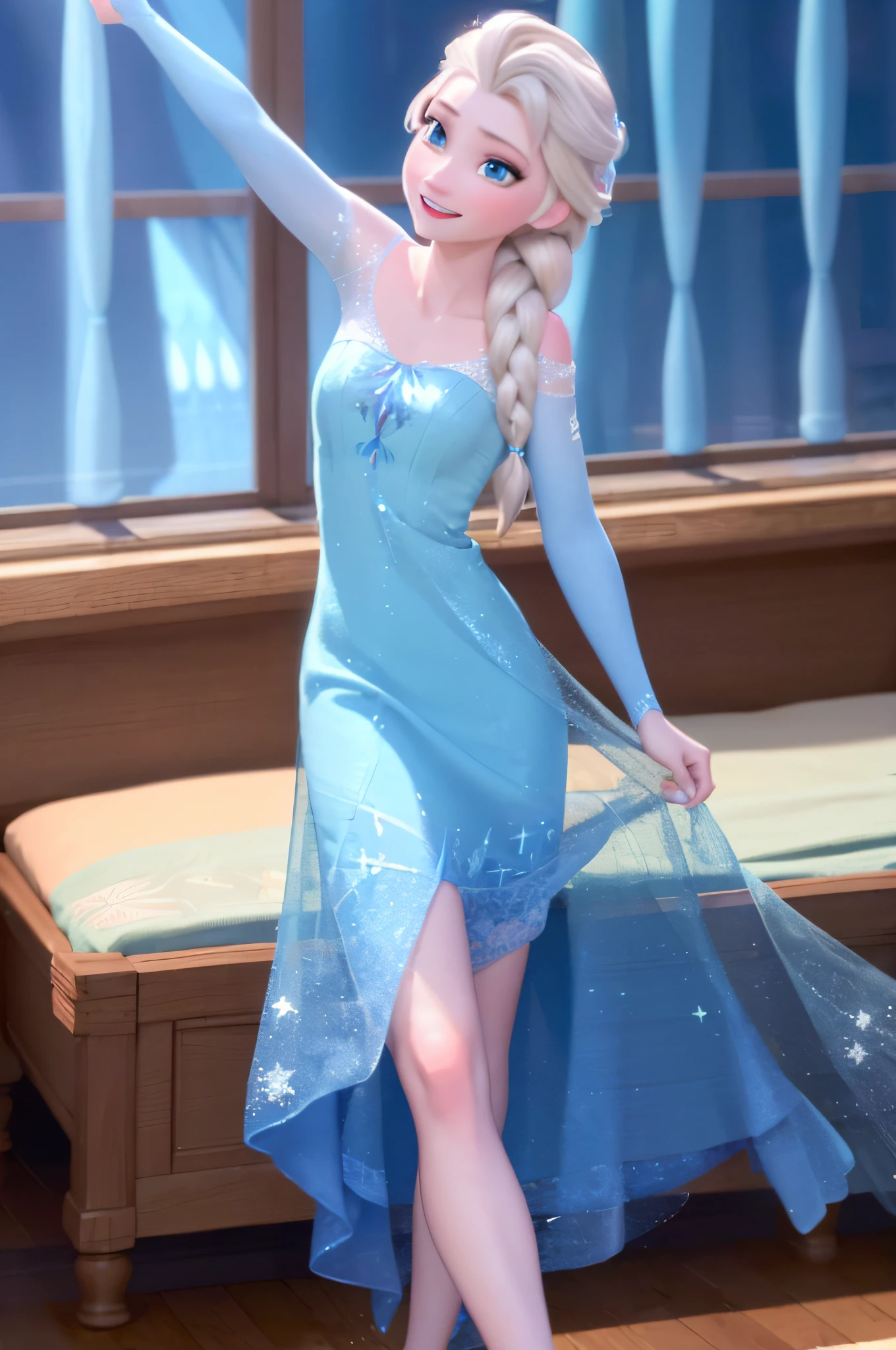 (masterpiece:1.4), (best qualit:1.4), (high resolution:1.4), elsa of arendelle, blue ice dress, single braid, smile, bedroom, legs, nighttime, looking at viewer,