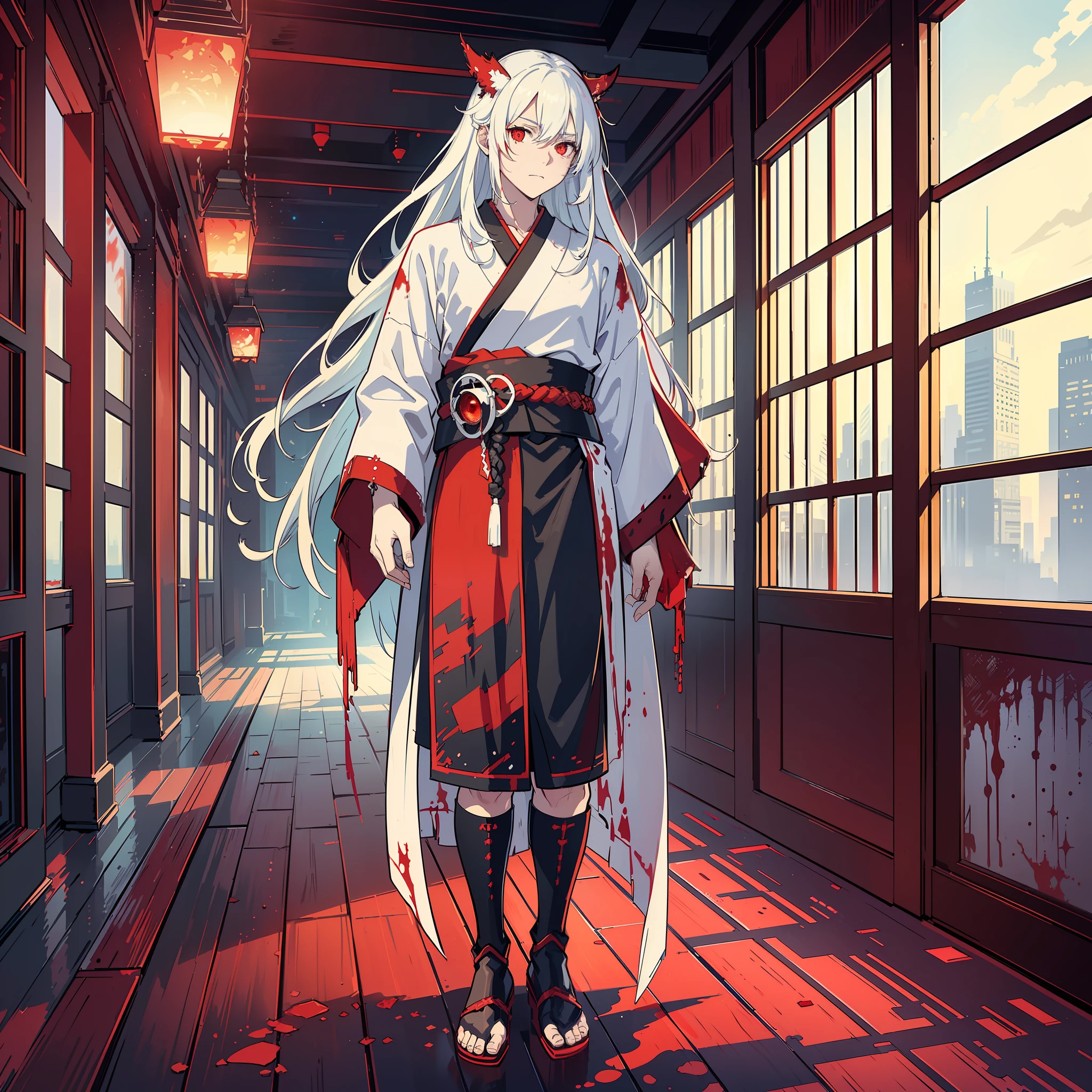 (best quality:1.4), (best lighting), (best artist:1.3), (best desinger), (best scenario), (man:1.4), long white hair, (shimmering red glowing eyes:1.2), cinematic lighting, abandoned place scenery background, wearing old samurai robes (with some blood splatters:1.1)