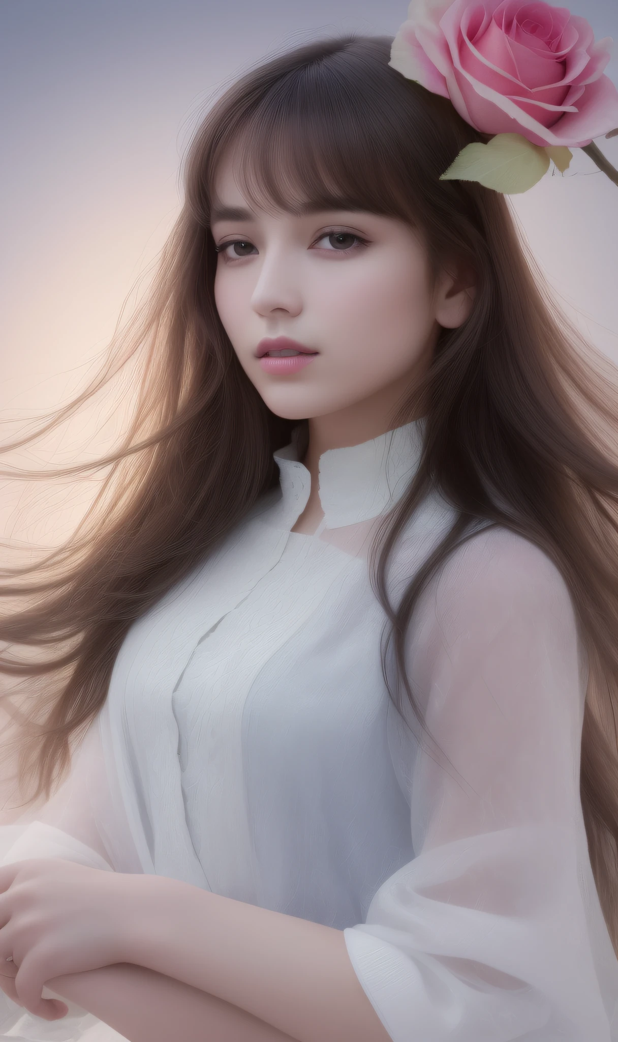 (Solo girl portrait (nice perfect face with soft skin, small face with nose and rose-like lips, beautiful eyes, beautiful smile. Black and thin long beautiful hair bathed in a bright etheric glow), light greige dress, floating), (lavender background), (top quality, 8k, game CG, photorealistic, wallpaper), (red | green | blue | black | white color), Raphael, USA: 0.5