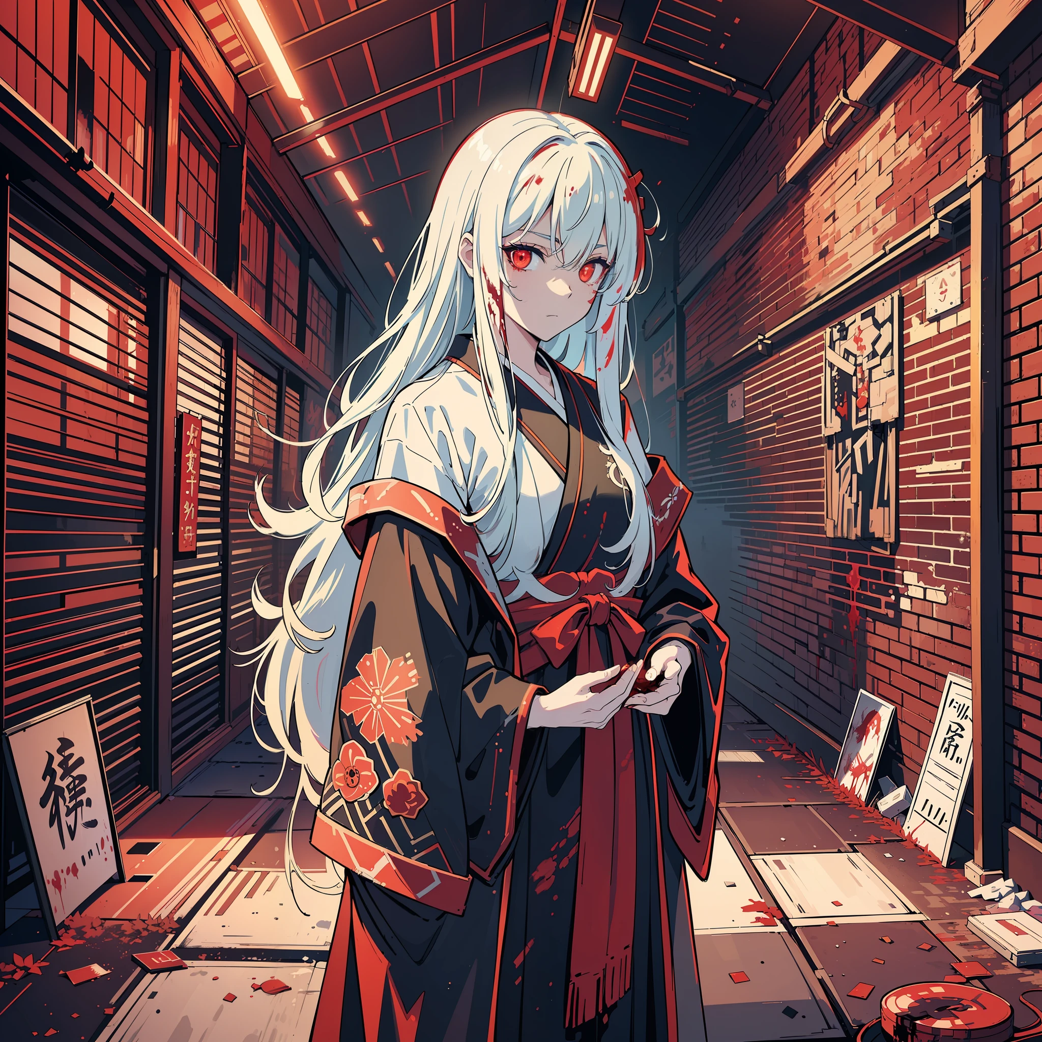 (best quality:1.4), (best lighting), (best artist:1.3), (best desinger), (best scenario), (man:1.4), long white hair, (shimmering red glowing eyes:1.2), cinematic lighting, abandoned place scenery background, wearing old samurai robes (with some blood splatters:1.1)