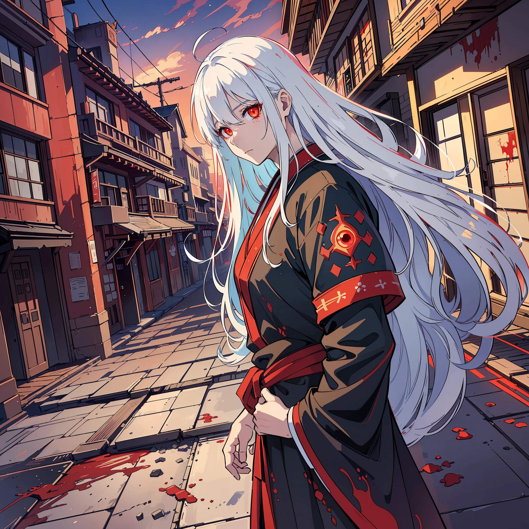 (best quality:1.4), (best lighting), (best artist:1.3), (best desinger), (best scenario), (man:1.4), long white hair, (shimmering red glowing eyes:1.2), cinematic lighting, abandoned place scenery background, wearing old samurai robes (with some blood splatters:1.1)