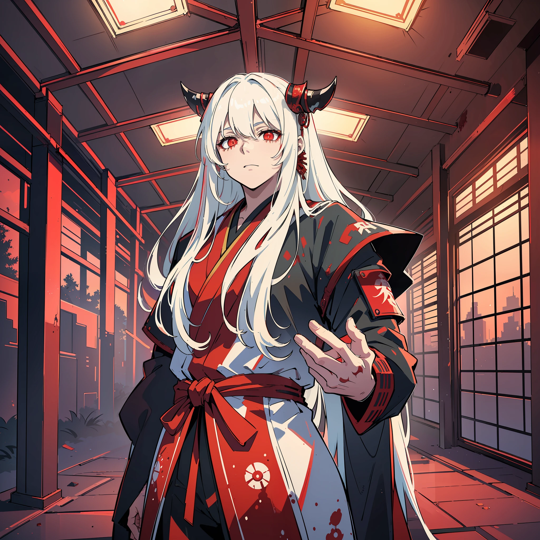 (best quality:1.4), (best lighting), (best artist:1.3), (best desinger), (best scenario), (man:1.4), long white hair, (shimmering red glowing eyes:1.2), cinematic lighting, abandoned place scenery background, wearing old samurai robes (with some blood splatters:1.1)