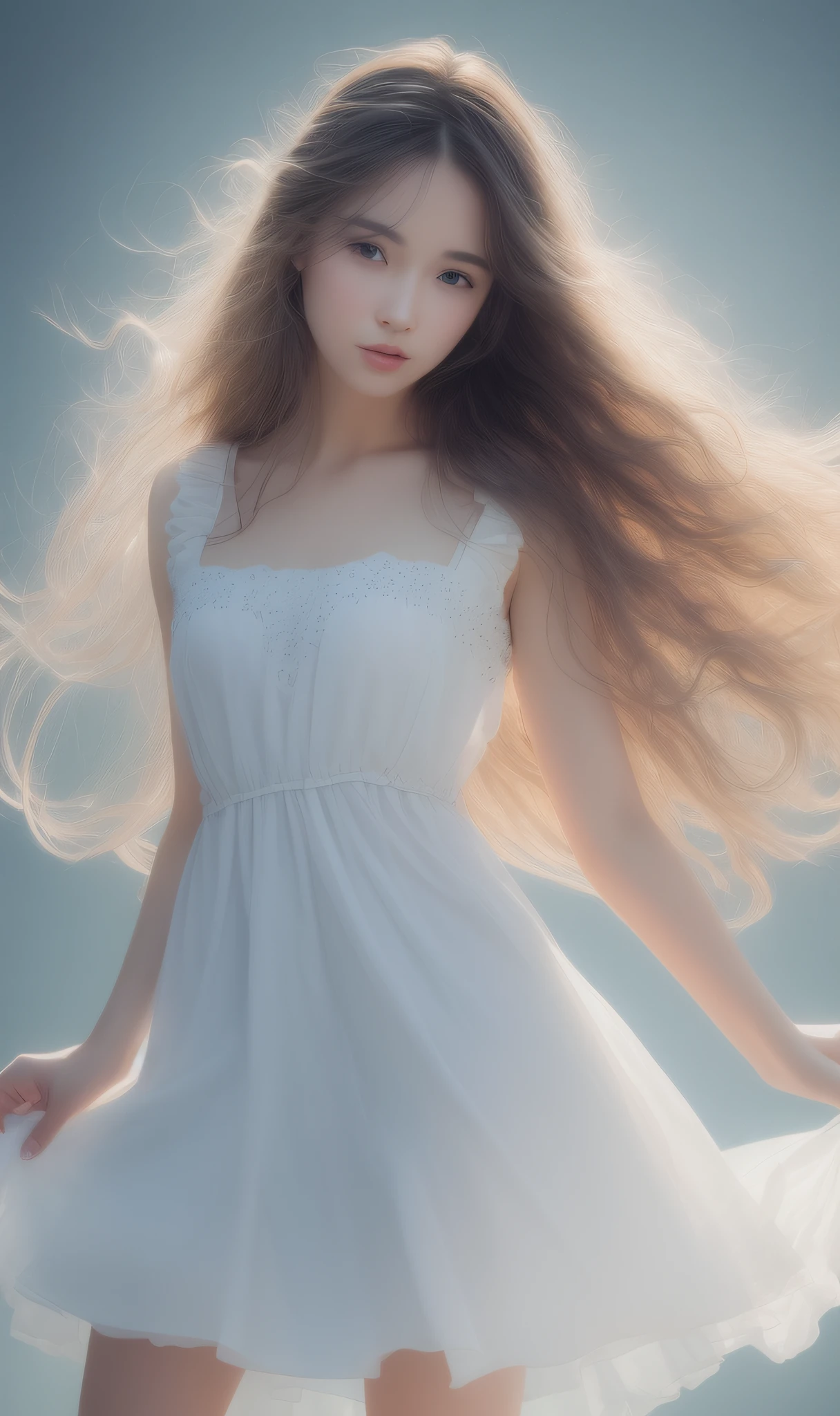 (Solo girl portrait (nice perfect face with soft skin, small face with nose and rose-like lips, beautiful eyes, beautiful smile. Black and thin long beautiful hair bathed in a bright etheric glow), light greige dress, floating), (lavender background), (top quality, 8k, game CG, photorealistic, wallpaper), (red | green | blue | black | white color), Raphael, USA: 0.5