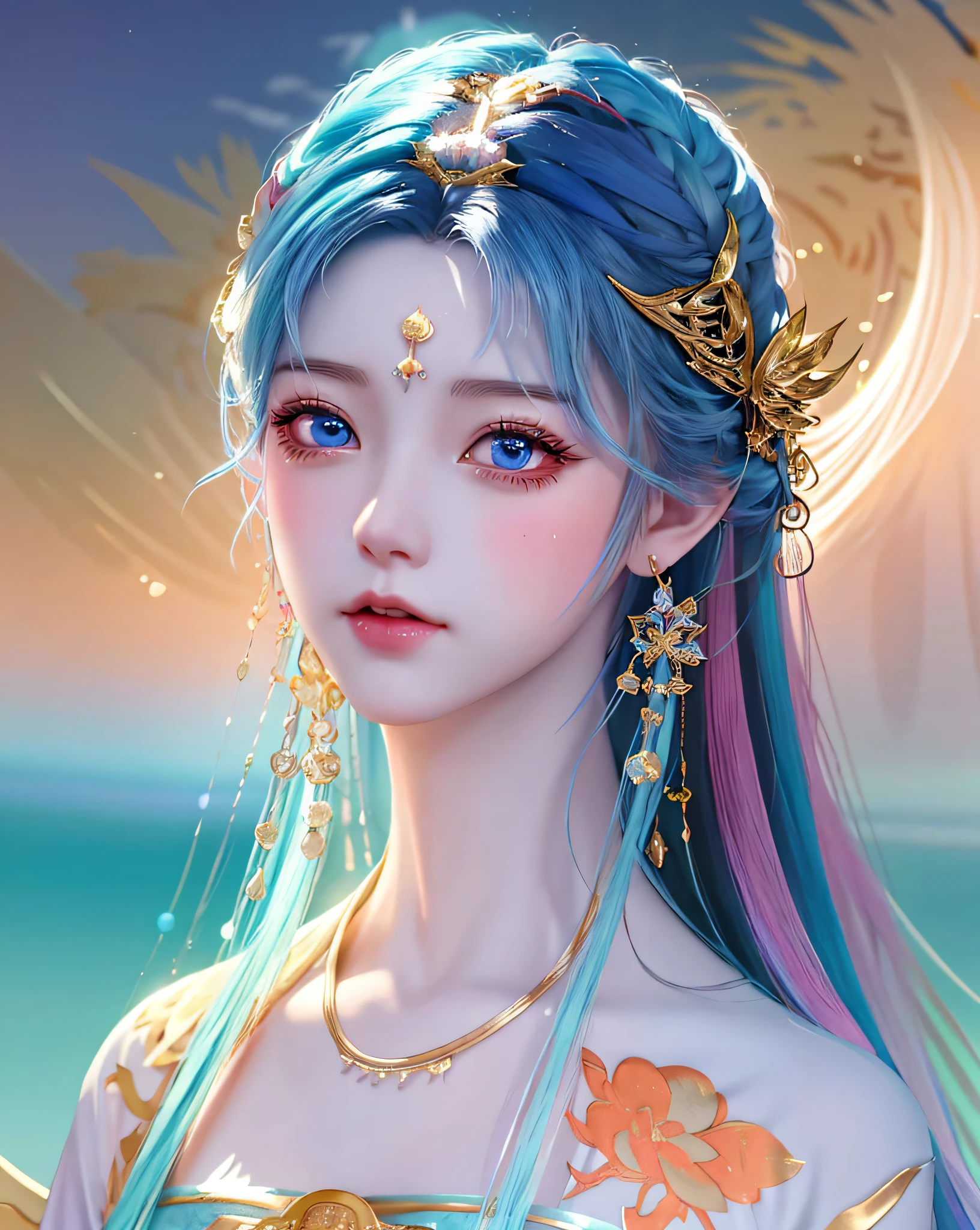 anime girl with blue hair and blue eyes and a gold crown, fantasy art style, a beautiful fantasy empress, artwork in the style of guweiz, 8k high quality detailed art, beautiful digital artwork, by Li Song, ((a beautiful fantasy empress)), trending on cgstation, inspired by Ai Xuan, 4k highly detailed digital art, beautiful digital illustration