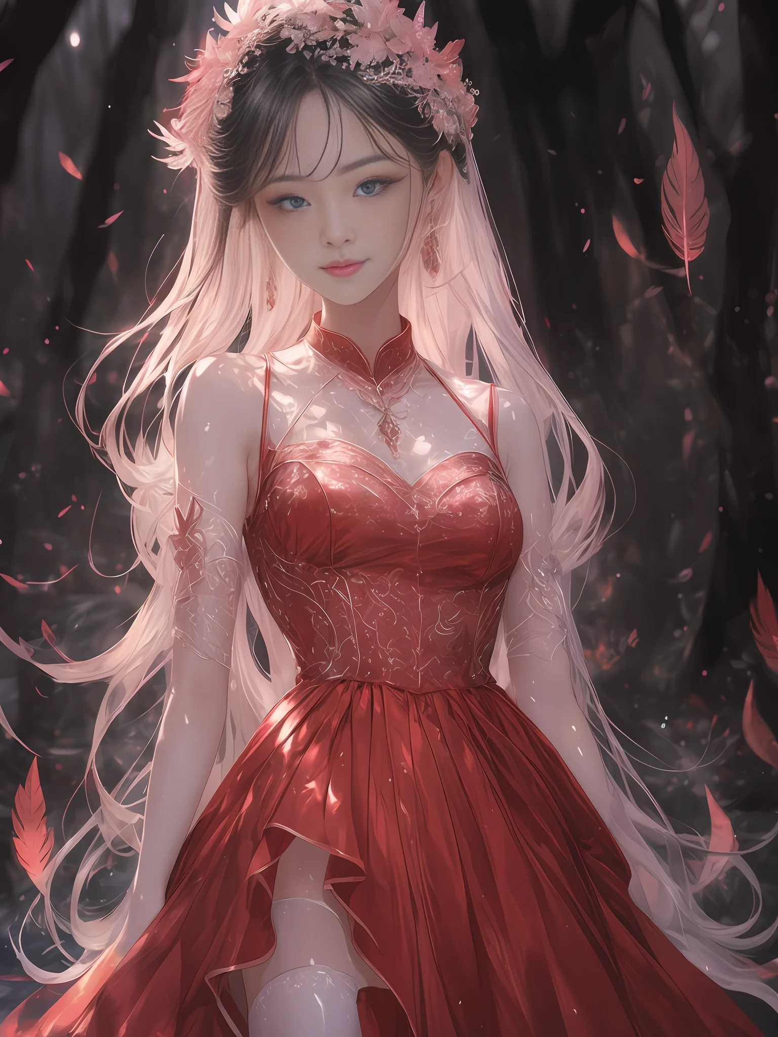 (best quality, masterpiece, high resolution, glow, flood, lens glare, wide angle), sunlight, full body, 1 [Chinese|Russian|Japanese|Korean] girl, ((Mei red:1.1) clothes), necklace, jewelry, long hair, earrings, super delicate face, beautiful face, full face blush, perfect eyes (very long eyelashes: 1.4), smirk,glowing pupils, (white stockings: 0.9), realism, (high detail skin: 1.2), 8k ultra hd, DSLR, high quality, volumetric lighting, frankness, high resolution, 4K, 8K, background bokeh, dream forest,Lycoris radiata，feather drop effect, morning, foreground,f/16