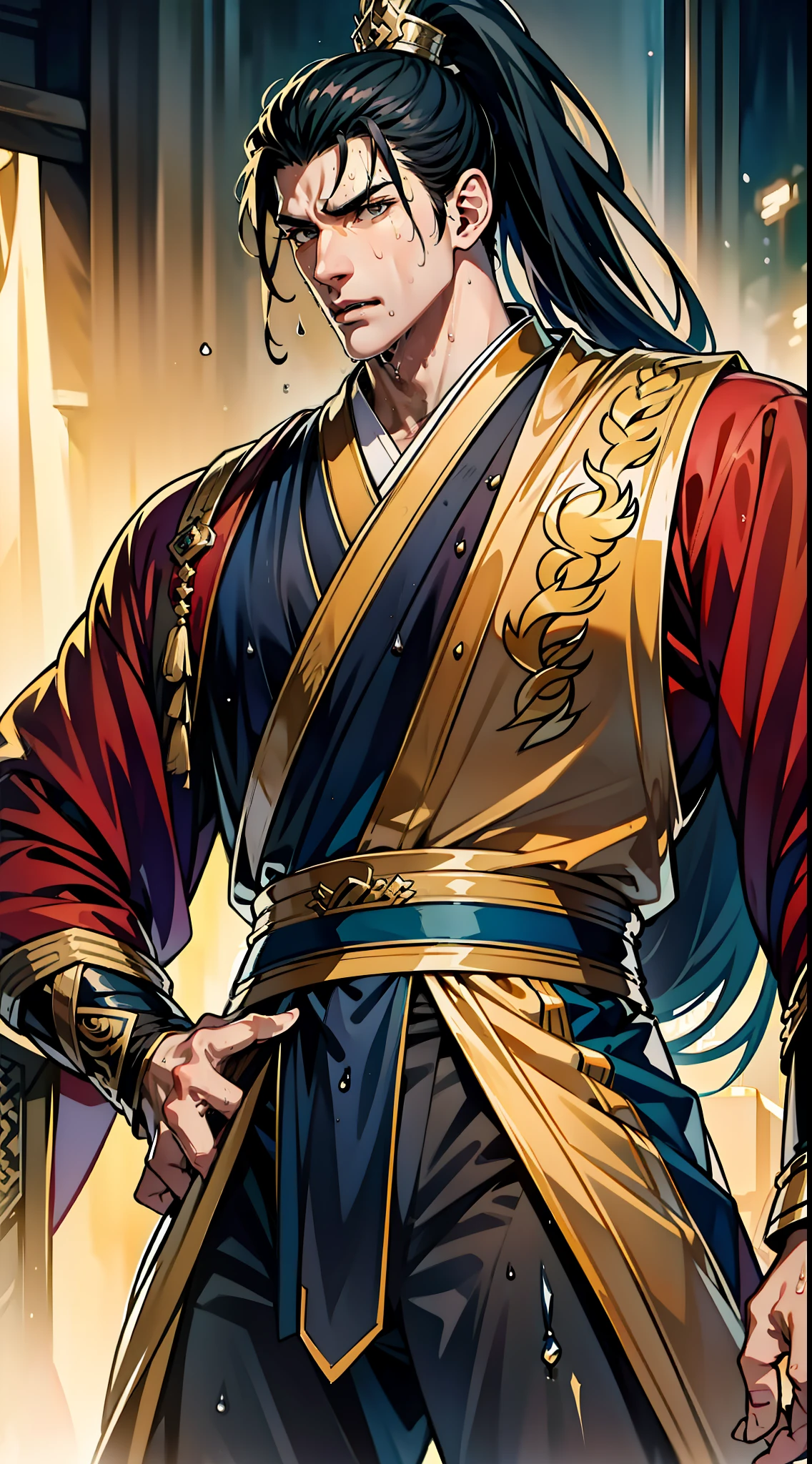 Two-dimensional, anime style, man (male warrior), squat, crotch sweat, crotch sweat, muscle, correct proportions, face details, martial arts, high ponytail hairstyle, sweating, pectoralis sweating, abdominal sweating, face sweating, drooling, neck details, with Adam's apple, wet, wet, Hanfu costume, long robe, embroidered robe, dragon robe, clothes details, collar, long sleeves, game quality, swordsman demeanor, light and shadow tracing, ray tracing, detail glow, CG rendering, hair details, long black hair, golden eyes, sweaty face, handsome, handsome, sweat beads slipping down the neck, (juvenile feeling), complex clothing, wet, wet, perfect composition, refinement, high quality, more details, a lot of details, complex background, atmosphere,