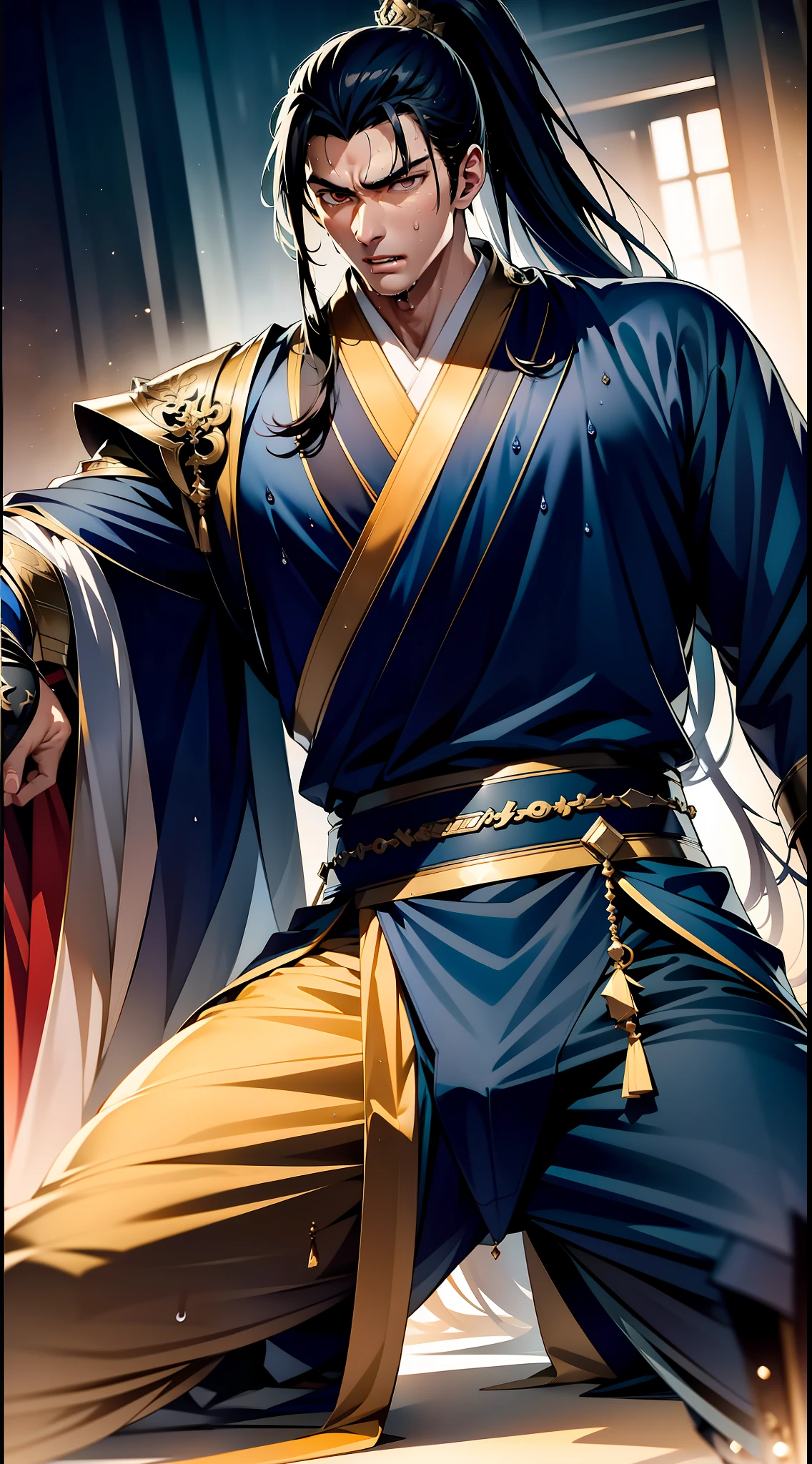 Two-dimensional, anime style, man (male warrior), squat, crotch sweat, crotch sweat, muscle, correct proportions, face details, martial arts, high ponytail hairstyle, sweating, pectoralis sweating, abdominal sweating, face sweating, drooling, neck details, with Adam's apple, wet, wet, Hanfu costume, long robe, embroidered robe, dragon robe, clothes details, collar, long sleeves, game quality, swordsman demeanor, light and shadow tracing, ray tracing, detail glow, CG rendering, hair details, long black hair, golden eyes, sweaty face, handsome, handsome, sweat beads slipping down the neck, (juvenile feeling), complex clothing, wet, wet, perfect composition, refinement, high quality, more details, a lot of details, complex background, atmosphere,