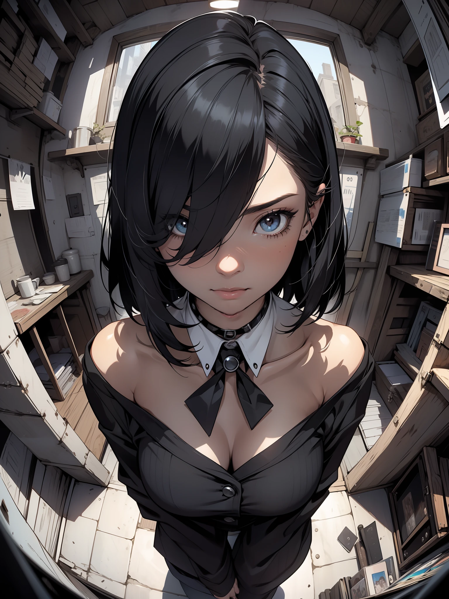 masterpiece, best quality, beautiful eyes, detailed eyes, detailed face, scenery, detailed CG, ultra-detailed, best shadow, depth of field, beautiful illustration, illustration, extremely beautiful, perfect details, 1girl, solo, joker, black and white, under cut, hair over one eye, dynamic pose, vibrant color, fisheye, skindentation, poker, fiew from above