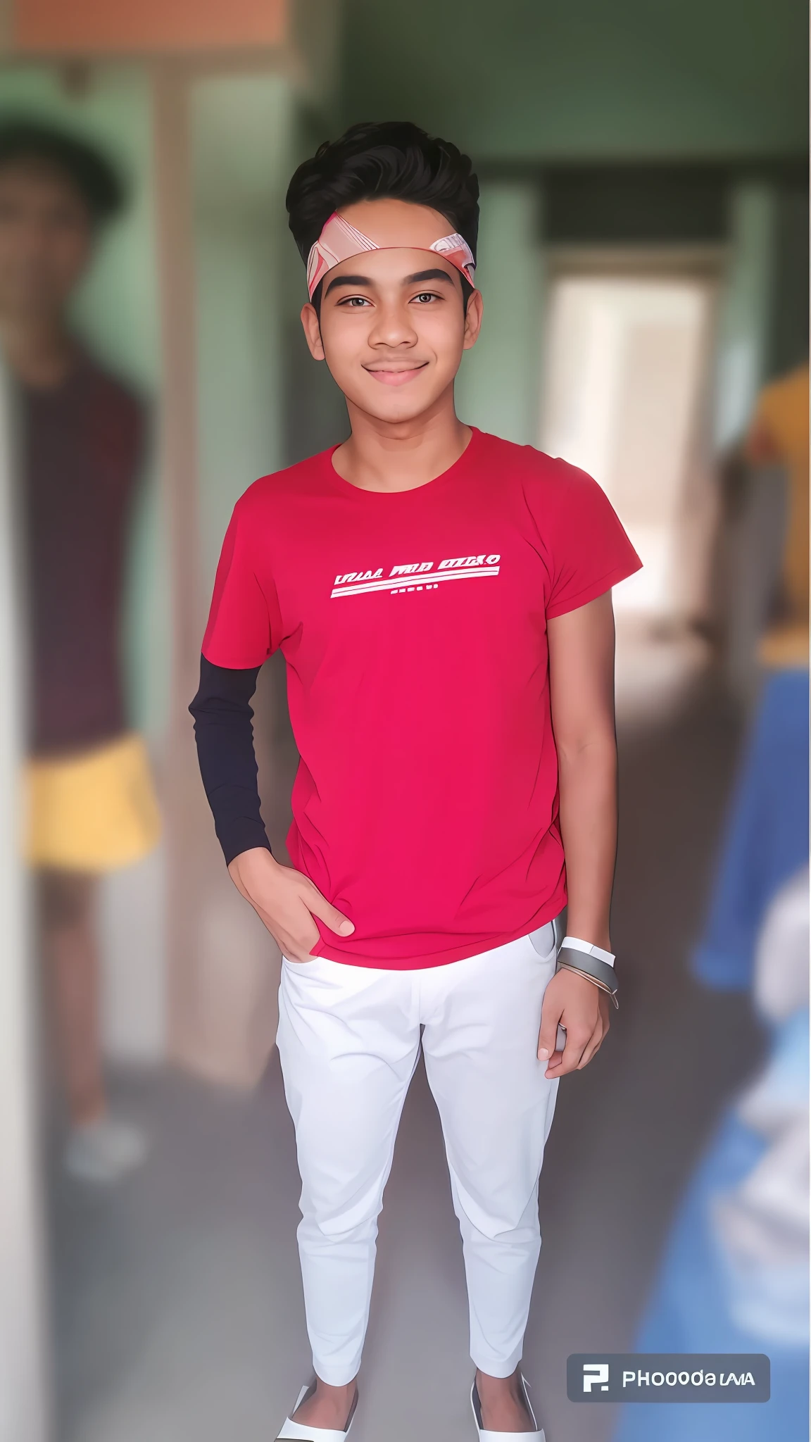 arafed boy in a red shirt and white pants standing in a hallway, with accurate face, full body picture, with lovely look, in tshirt, very very low quality picture, inspired by Sarper Baran, candid picture, around 1 9 , with kind face, ayan nag, a photo of a man, full device, white sleeves, blurry image