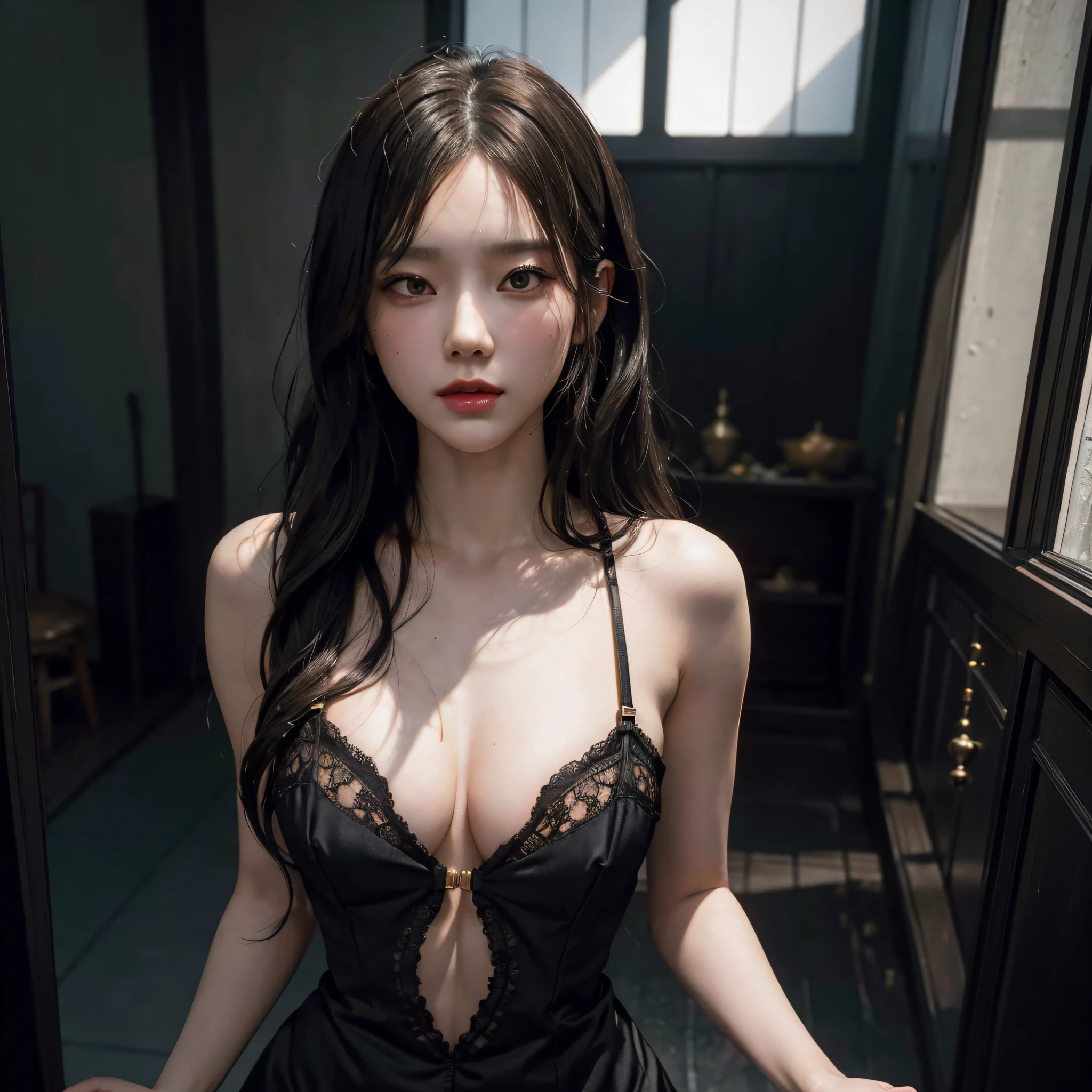 a woman with a black transparent lingerie, messy wavy hair, and an intense lustful expressionine face, thick hips, artstation, concept art, smooth, sharp focus, illustration, volumetric lighting, art by artgerm and greg rutkowski and alphonse mucha