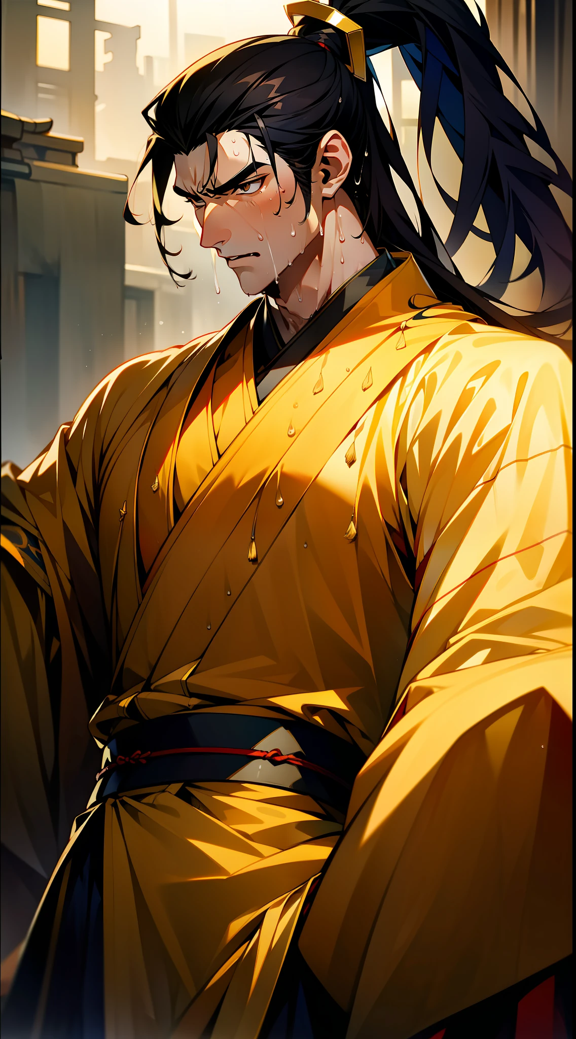 Two-dimensional, anime style, man (male warrior), squat, crotch sweat, crotch sweat, muscle, correct proportions, face details, martial arts, high ponytail hairstyle, sweating, pectoralis sweating, abdominal sweating, face sweating, drooling, neck details, with Adam's apple, wet, wet, Hanfu costume, long robe, embroidered robe, dragon robe, clothes details, collar, long sleeves, game quality, swordsman demeanor, light and shadow tracing, ray tracing, detail glow, CG rendering, hair details, long black hair, golden eyes, sweaty face, handsome, handsome, sweat beads slipping down the neck, (juvenile feeling), complex clothing, wet, wet, perfect composition, refinement, high quality, more details, a lot of details, complex background, atmosphere,