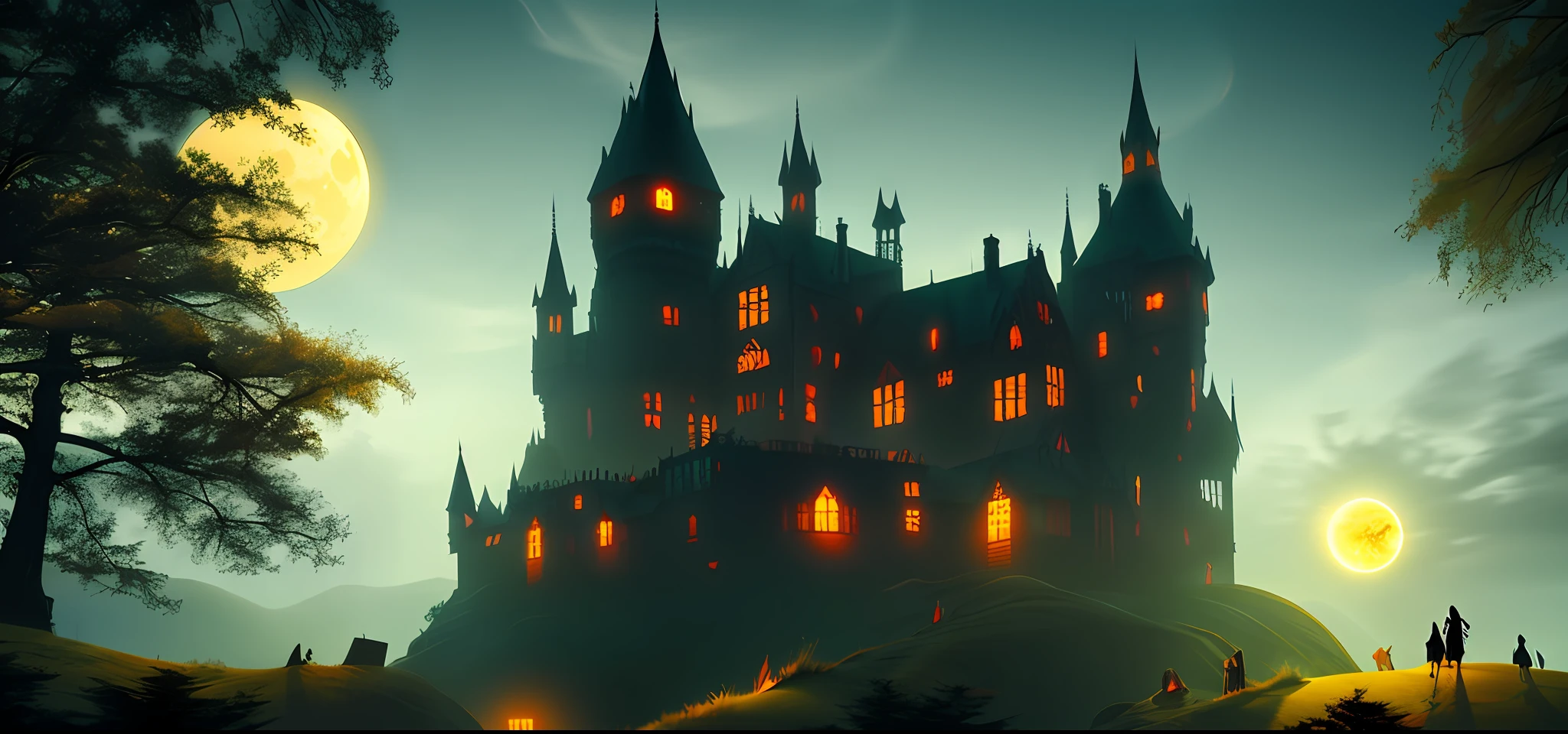 gothic castle, dark, Night, Moon, long view, unreal, 4K, digital painting, High definition，Halloween，All Saints Day