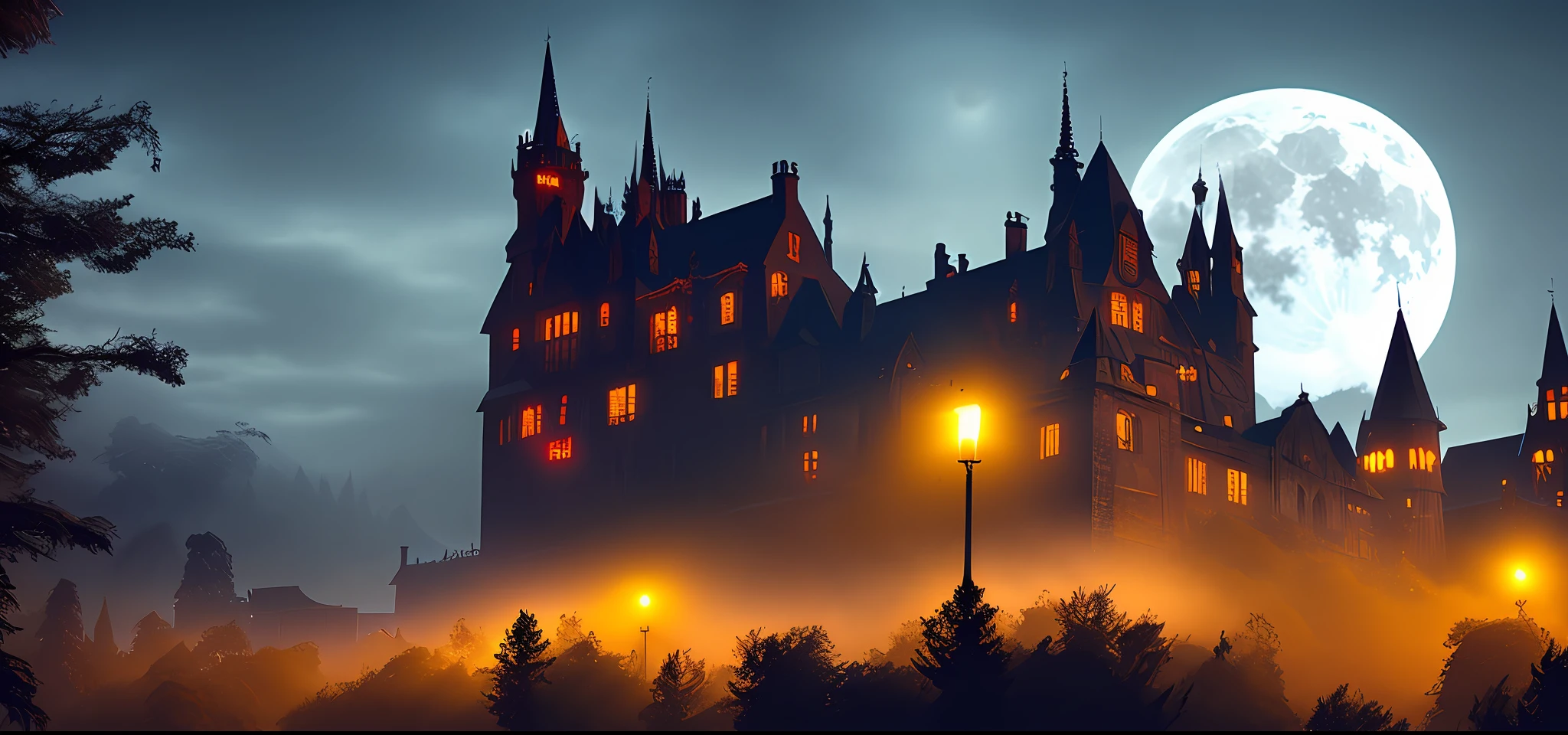gothic castle, dark, Night, Moon, long view, unreal, 4K, digital painting, High definition，Halloween，All Saints Day