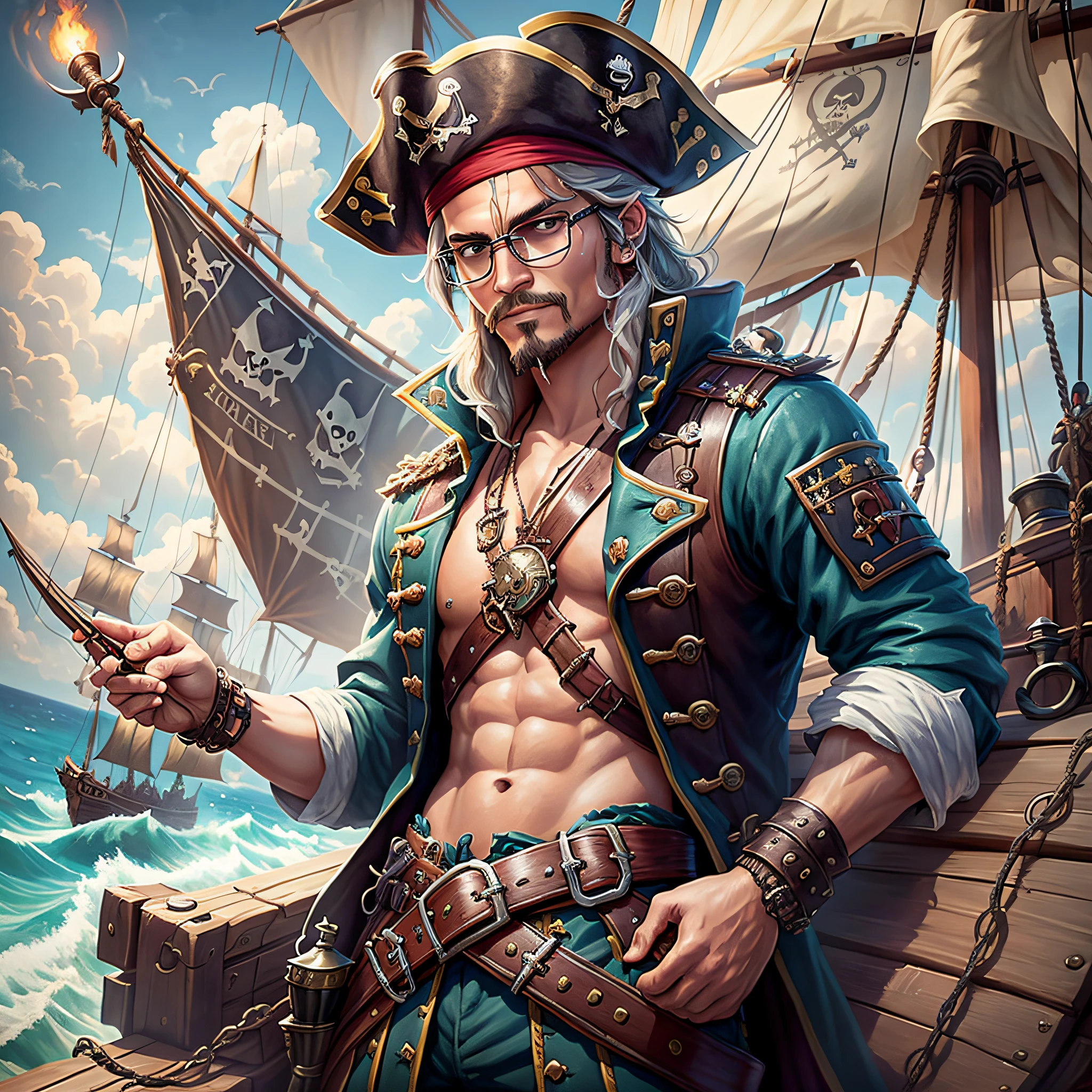 pirate on a ship in the ocean, pirate class swashbuckler, pirate captain, pirate, pirate portrait, sea style of thieves, portrait of a young pirate wearing glasses, detailed illustration of game art, a pirate aboard the pirate ship, by Daniel Ljunggren, pirate outfit --auto --s2
