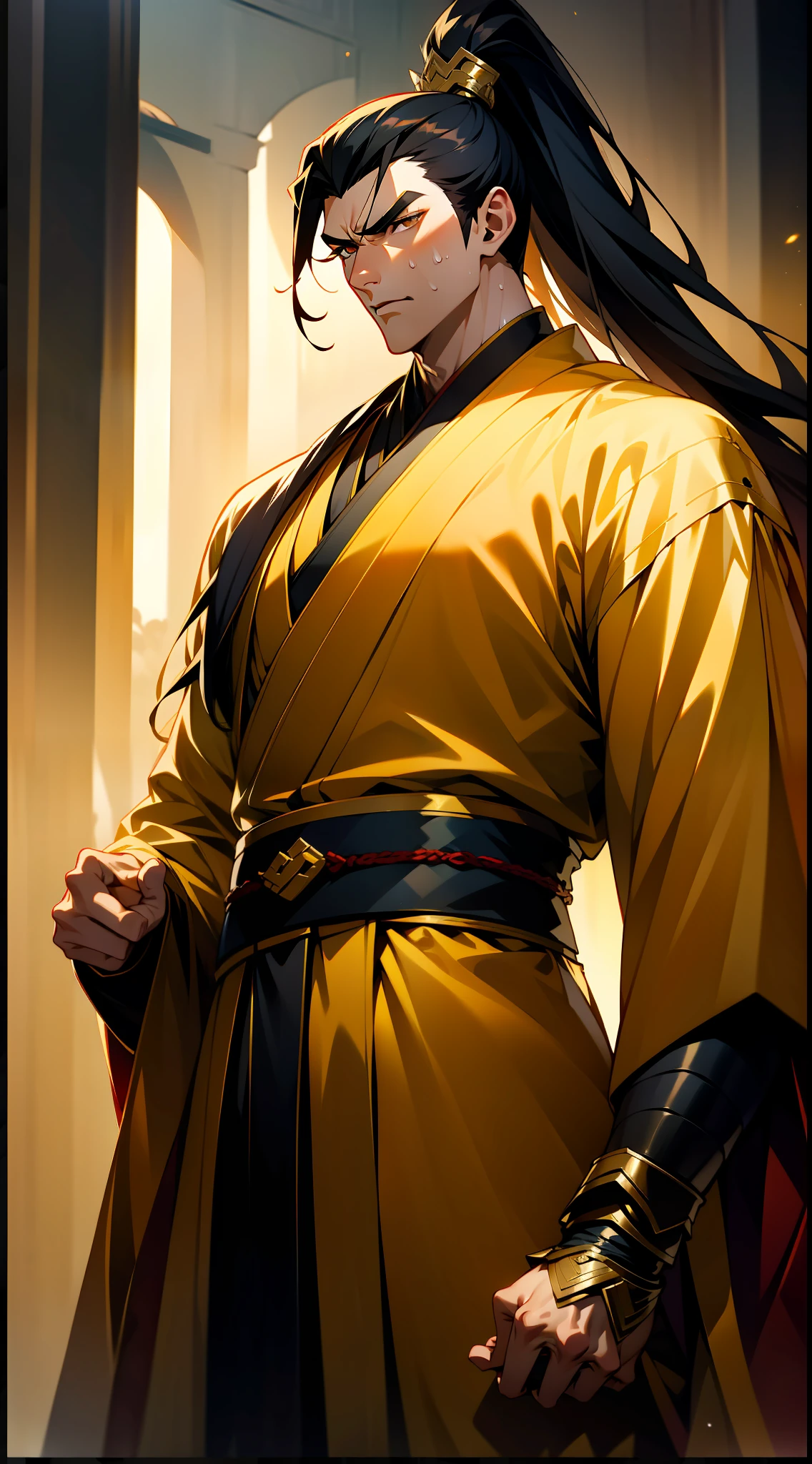 Two-dimensional, anime style, man (male warrior), muscle, correct proportions, face details, martial arts, high ponytail hairstyle, neck details, Adam's apple, Hanfu costume, long robe, embroidered robe, dragon robe, clothes details, collar, long sleeves, game quality, swordsman demeanor, light and shadow tracing, ray tracing, detail glow, CG rendering, hair details, long black hair, golden eyes, handsome, (juvenile feeling), complex clothing, perfect composition, refinement, high quality, more details, a lot of details, complex background, atmosphere，