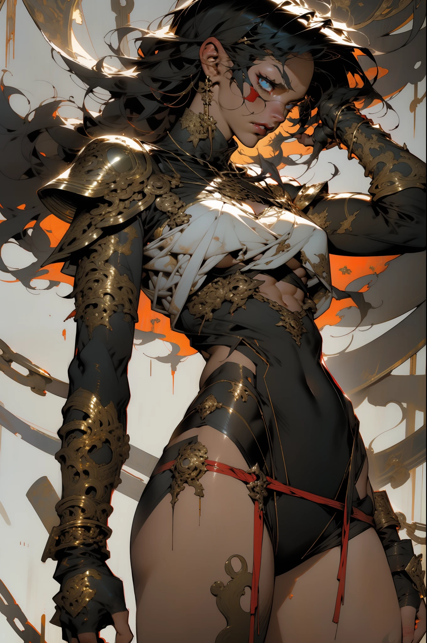 ((Simon Bisley)), Beautiful full-bodied woman, 30 years old, muscular and perfect body, red torn clothing with gold details, veil covering her head, fierce warrior, fighting with fury with her sword, clothes full of metallic tips and chains, absurd details, absudres, spartan, with micro clothes, almost totally naked, with little clothing, (((tiny thong))), large breasts, generous neckline, Holding a giant, dirty and torn sword, fantastic art outfit, hair fulfilled or short, brave face, dark kingdom, sexy pose, on a battlefield
