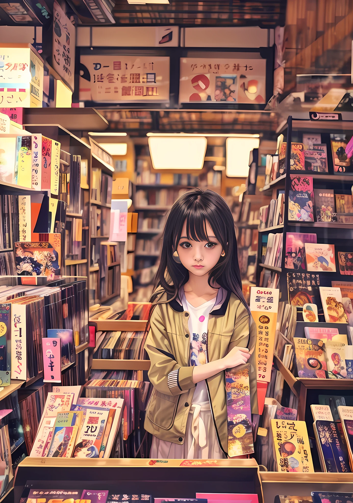 anime girl standing in a book store with books on shelves, lofi girl, lofi girl aesthetic, lofi art, anime visual of a cute girl, girl in a record store, anime aesthetic, lofi artstyle, lofi feel, lofi, retro anime girl, anime vibes, anime background art, tokyo anime scene, anime asthetic