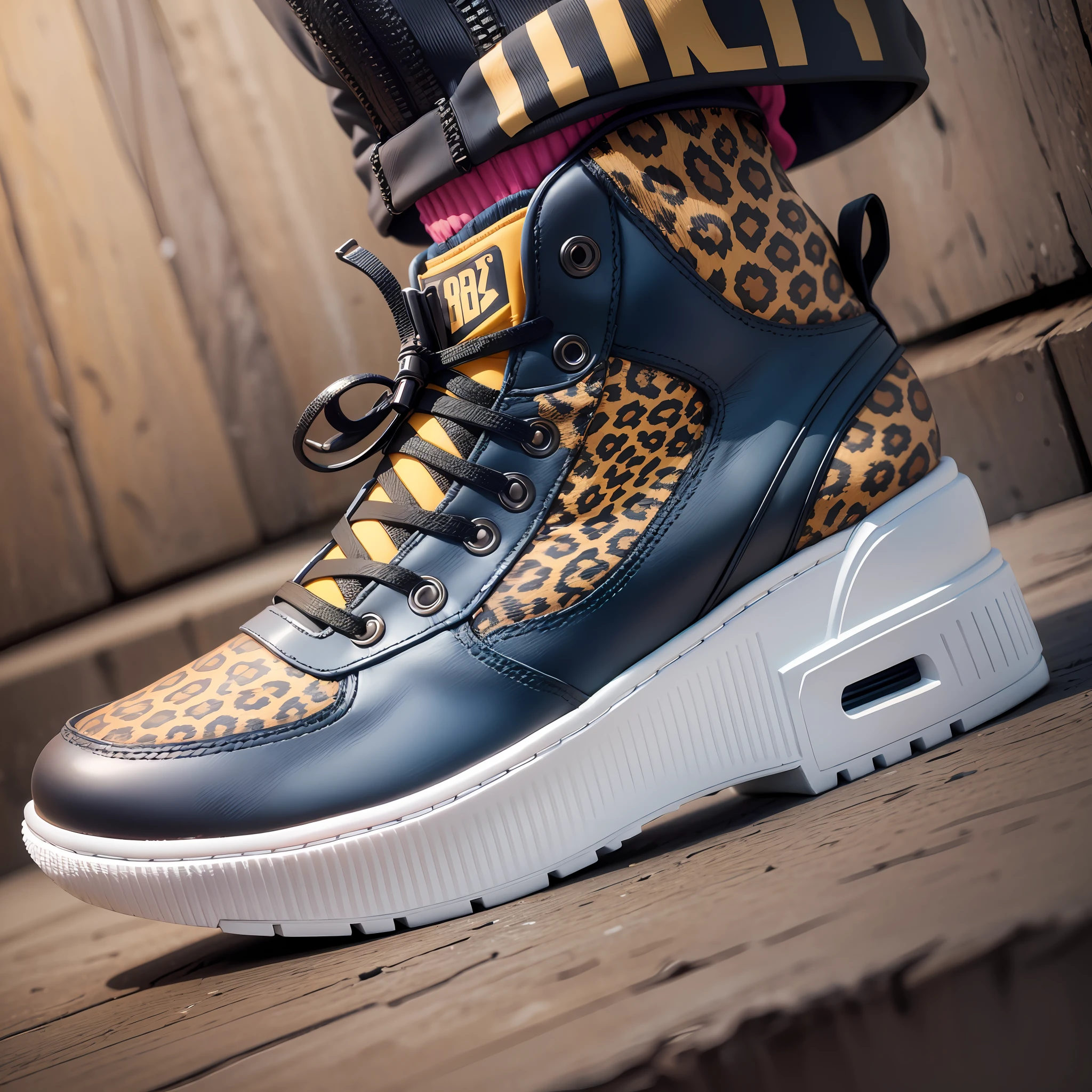 Women's Sneaker, high top, photo realistic 8k, rubber sole with details, vinyl, leather, texture, buttons, zipper, fashion, modern, leopard textures, colorful, retail blends, ultra realistic photo, 3D rendering, perfect quality. --auto --s2