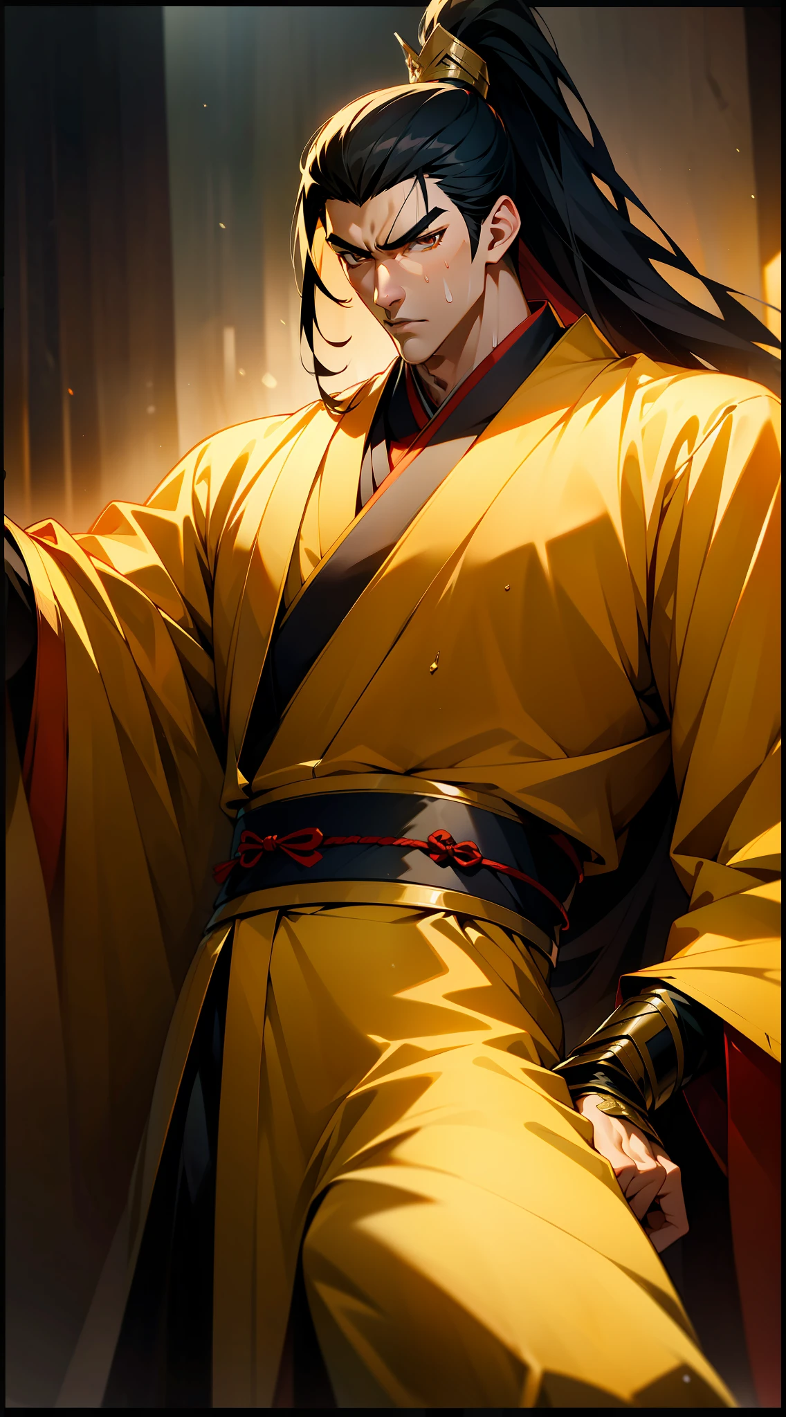 Two-dimensional, anime style, man (male warrior), muscle, correct proportions, face details, martial arts, high ponytail hairstyle, neck details, Adam's apple, Hanfu costume, long robe, embroidered robe, dragon robe, clothes details, collar, long sleeves, game quality, swordsman demeanor, light and shadow tracing, ray tracing, detail glow, CG rendering, hair details, long black hair, golden eyes, handsome, (juvenile feeling), complex clothing, perfect composition, refinement, high quality, more details, a lot of details, complex background, atmosphere，