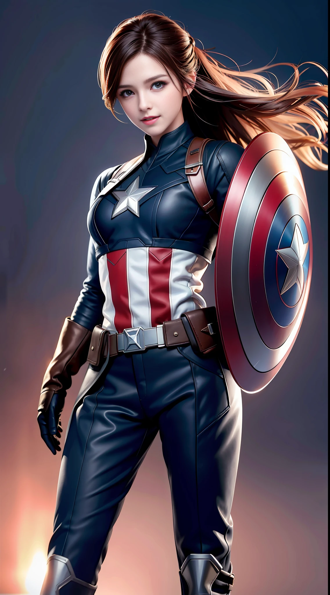 superhero landing,(Emma Watson:0.8),1girl, solo, very long hair,black eyes, smile, standing, dynamic pose, 8k, masterpiece, best quality, absurdres, perfect anatomy, cinematic lighting, cowboy shot, (Captain America costume:1.1), Moderate hips,Leather pants