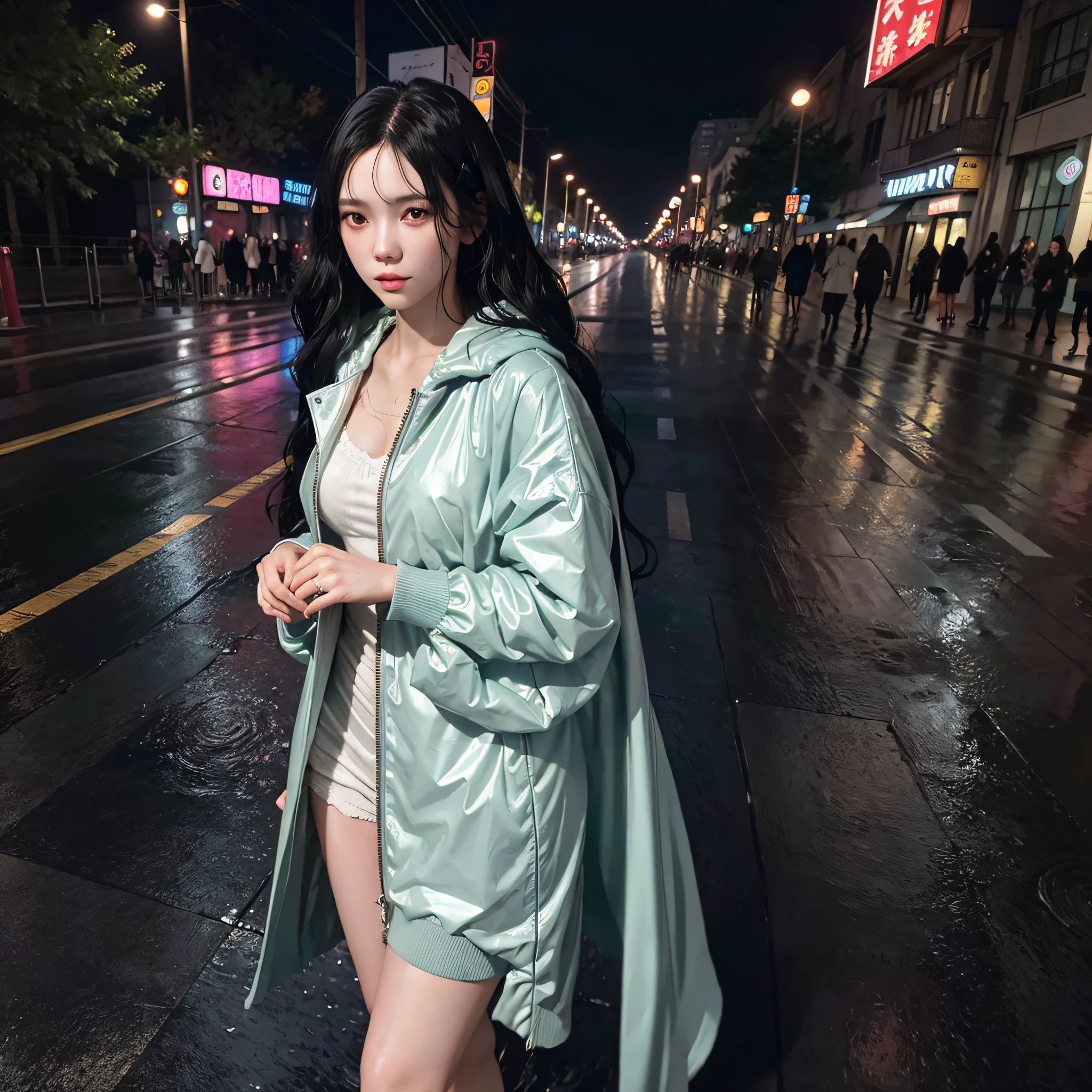 a twenty years old woman with black wavy hair wearing tranparent rain coat get wet on raining street side in the night, sensual, highly detailed, digital painting, artstation, concept art, smooth, sharp focus, illustration, art by wlop, mucha, artgerm, and greg rutkowski