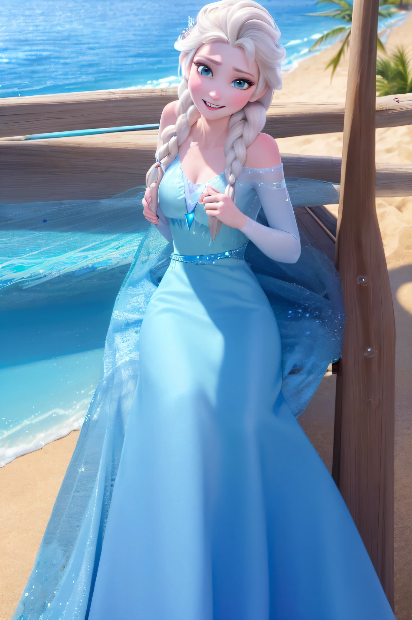 (masterpiece:1.4), (best qualit:1.4), (high resolution:1.4), elsa of arendelle, blue ice dress, single braid, smile, beach, bikini, looking at viewer, hammock
