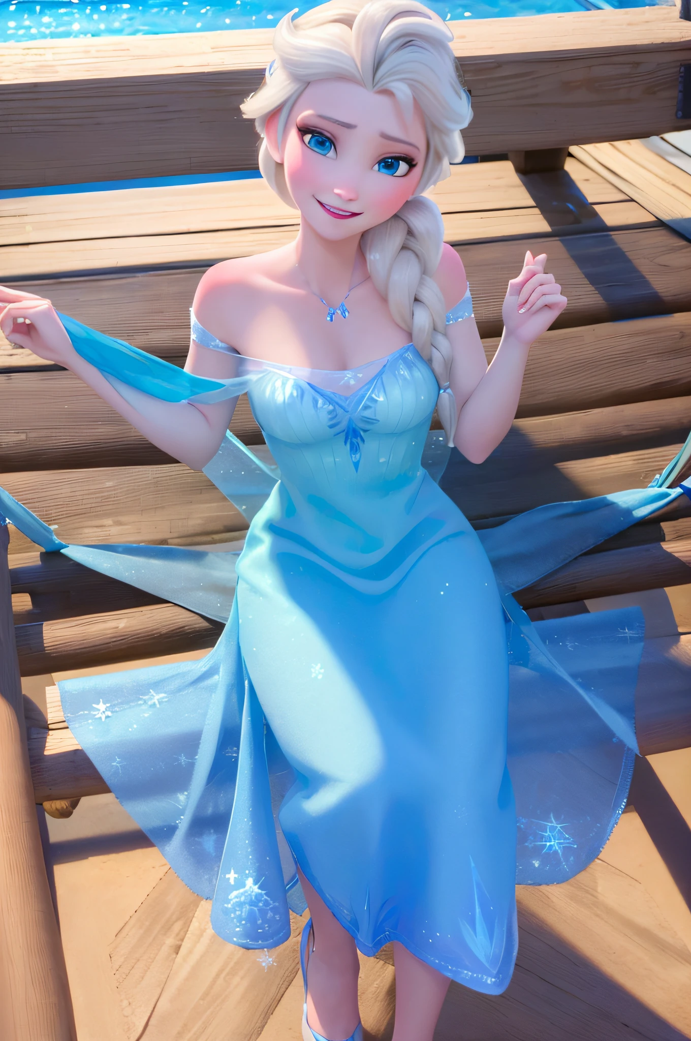 (masterpiece:1.4), (best qualit:1.4), (high resolution:1.4), elsa of arendelle, blue ice dress, single braid, smile, beach, bikini, looking at viewer, hammock