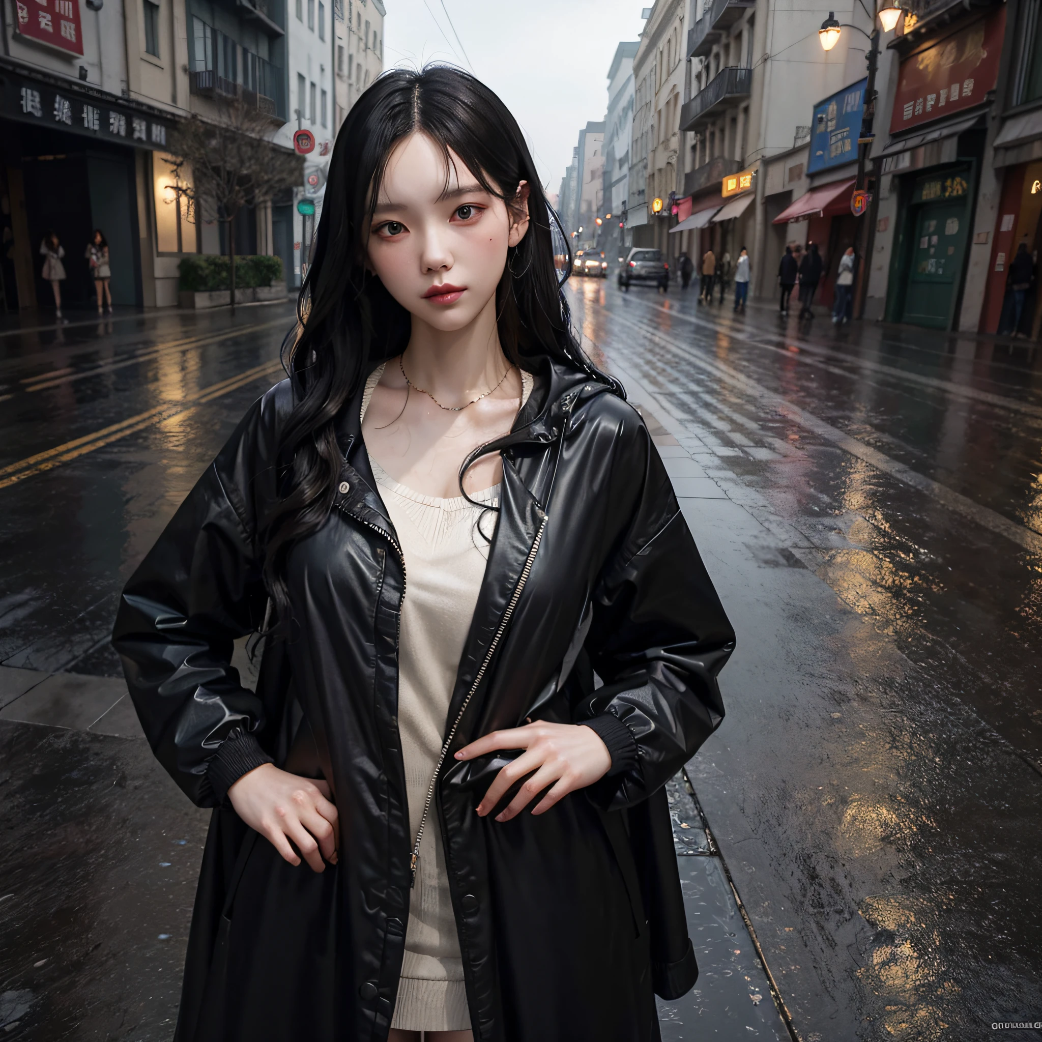 a twenty years old woman with black wavy hair wearing tranparent rain coat get wet on raining street side in the night, sensual, highly detailed, digital painting, artstation, concept art, smooth, sharp focus, illustration, art by wlop, mucha, artgerm, and greg rutkowski