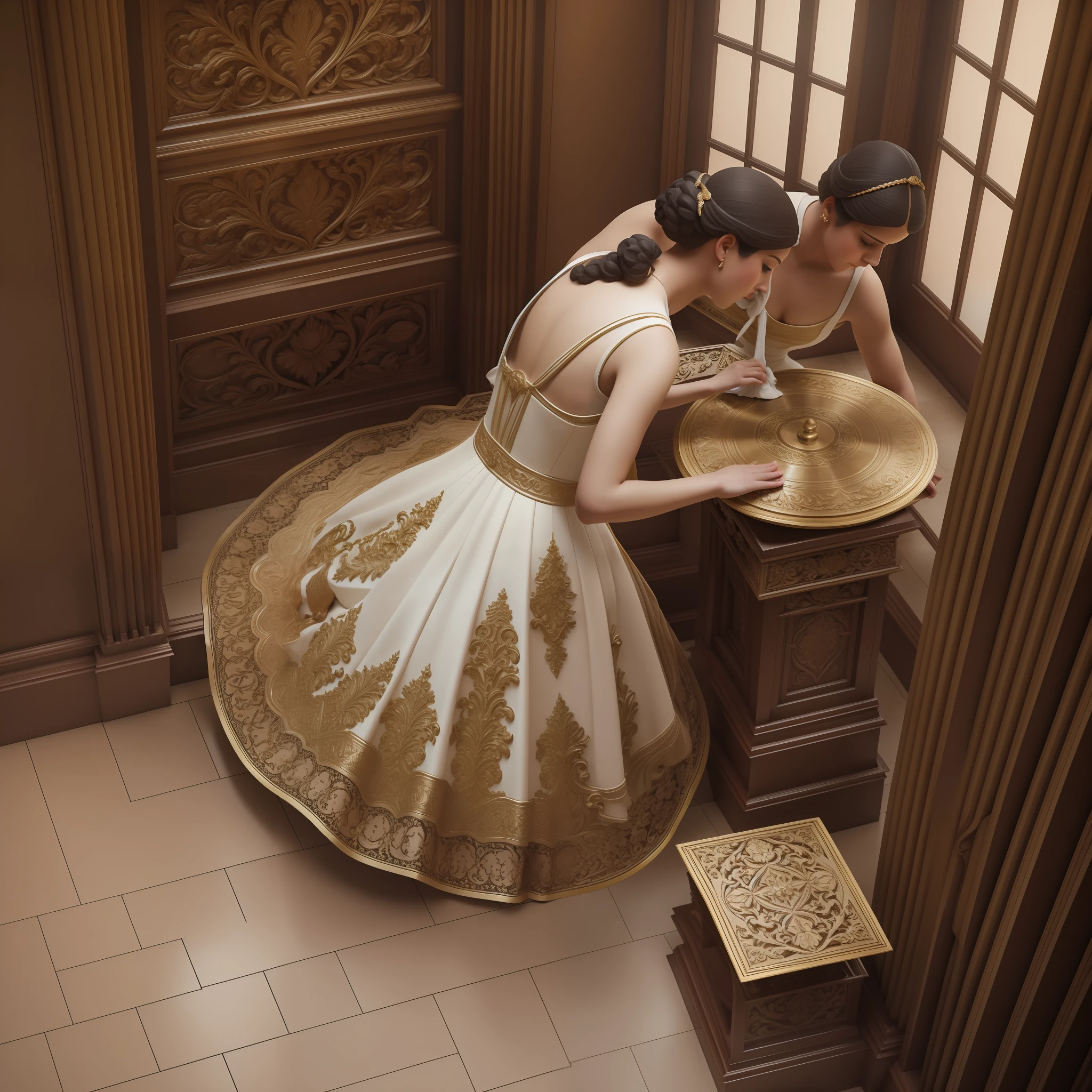 album cover, a woman in maid's dress cleaning a beautiful ornate sculpture [ cinematic, album cover, promotional photo, photographic illustration, cover album, trending in artstation ]