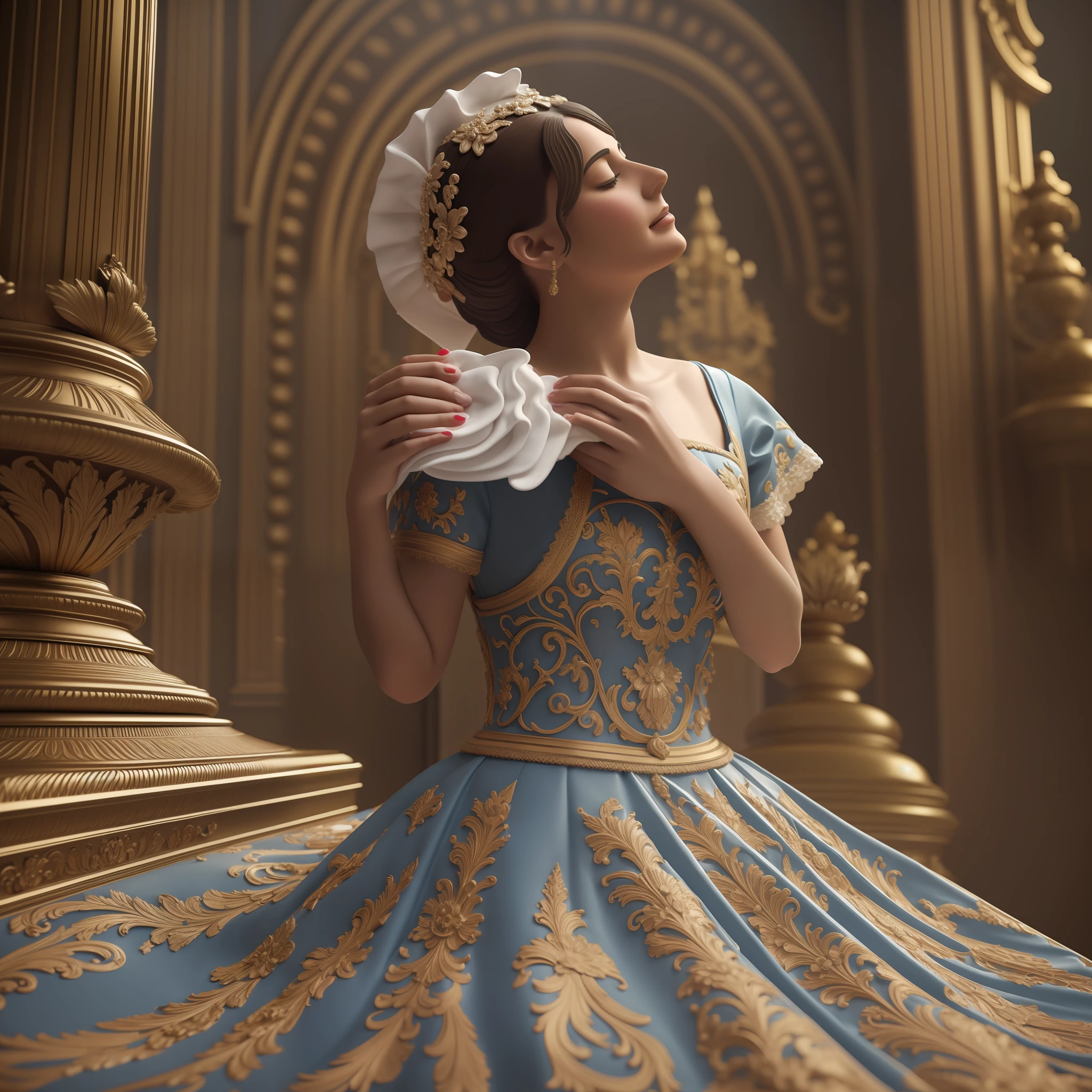 album cover, a woman in maid's dress cleaning a beautiful ornate sculpture [ cinematic, album cover, promotional photo, photographic illustration, cover album, trending in artstation ]