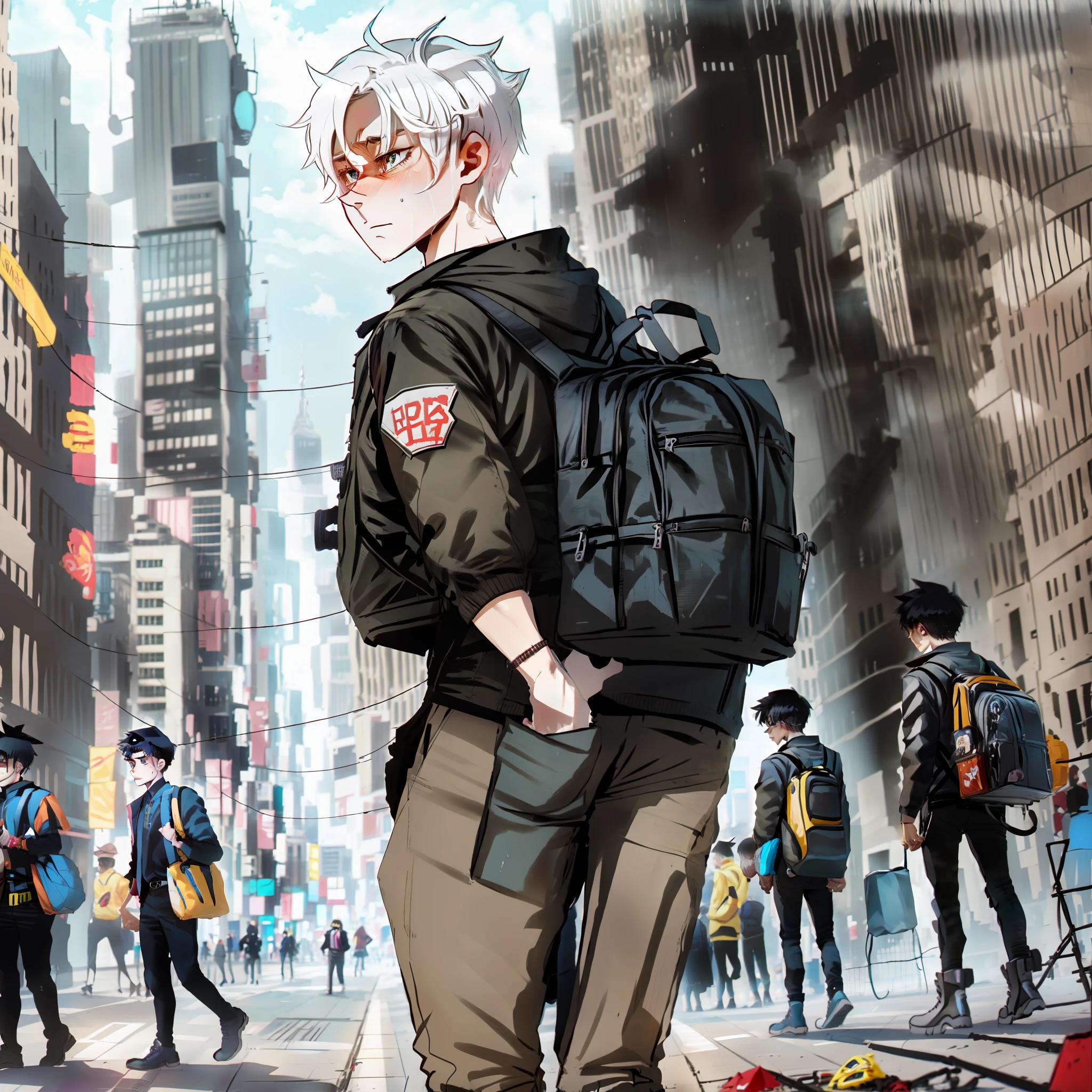 Cartoon Two-dimensional TikTok graphic and emotional A teenager has just graduated and stands in a big city confused, his eyes are dull, he is carrying a school bag, and he is writing black and white