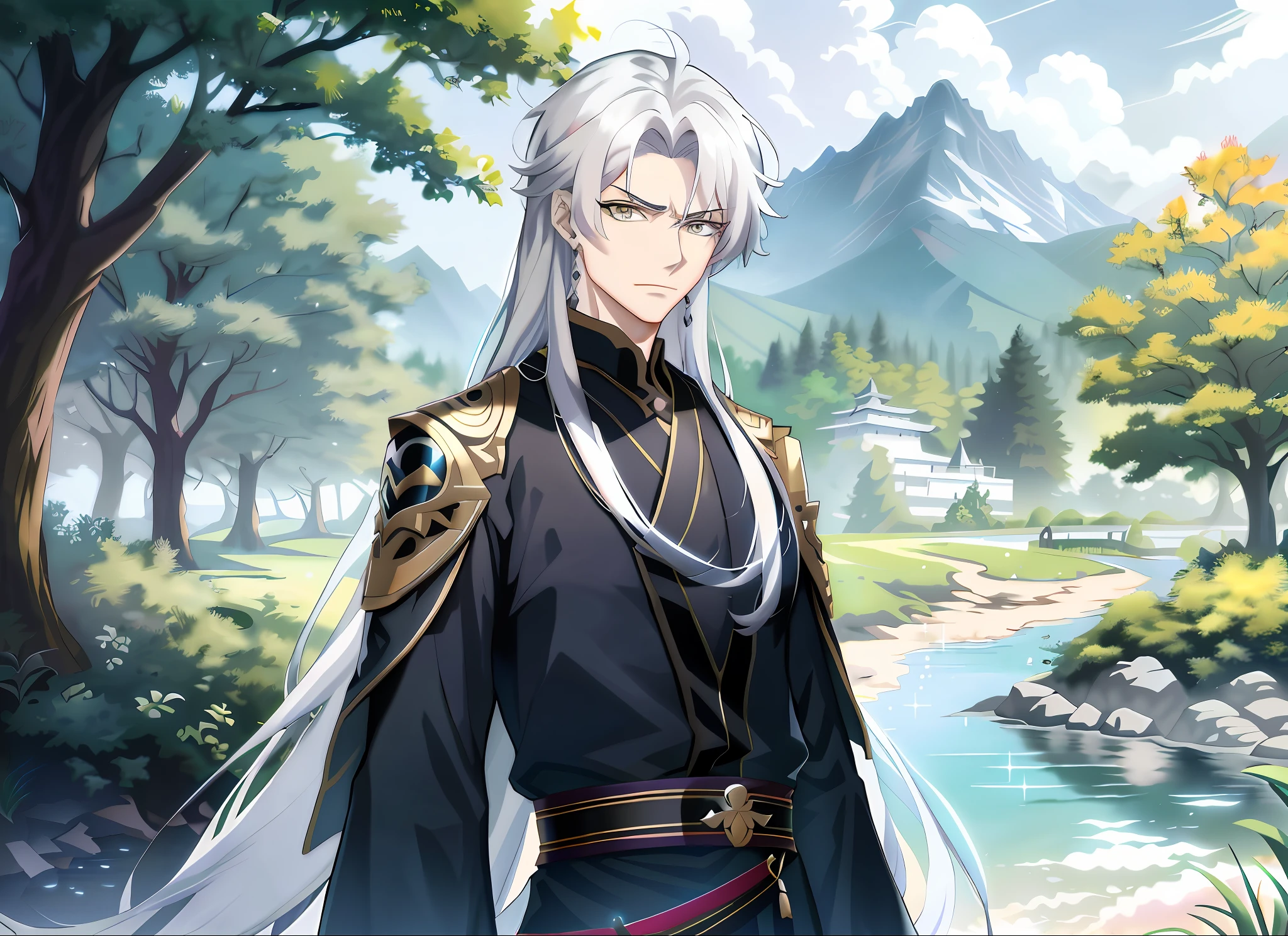 anime - style image of a man with white hair and a black outfit, keqing from genshin impact, handsome guy in demon slayer art, taisho roman, beautiful androgynous prince, zhongli from genshin impact, white haired deity, anime handsome man, delicate androgynous prince, masamune shiro, heise jinyao, official art