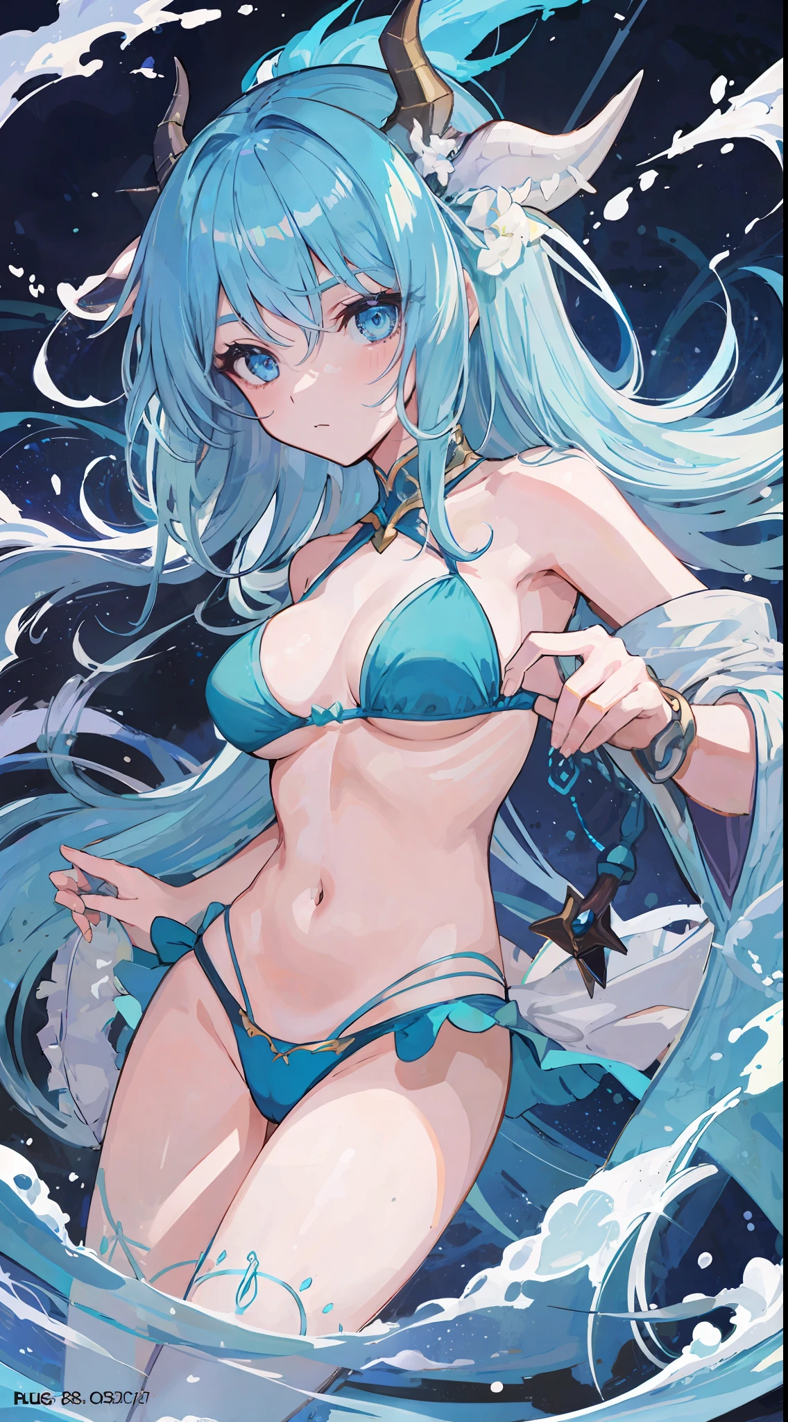 1Girl, blue hair, light blue eyes, wears a bikini summer clothes, she is water dragon girl with horn, make it like tarot anime-style but no frame