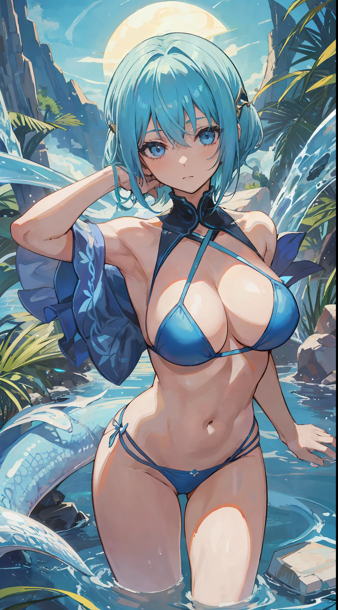 1Girl, blue hair, light blue eyes, wears a bikini summer clothes, she is water dragon girl with horn, make it like tarot anime-style but no frame