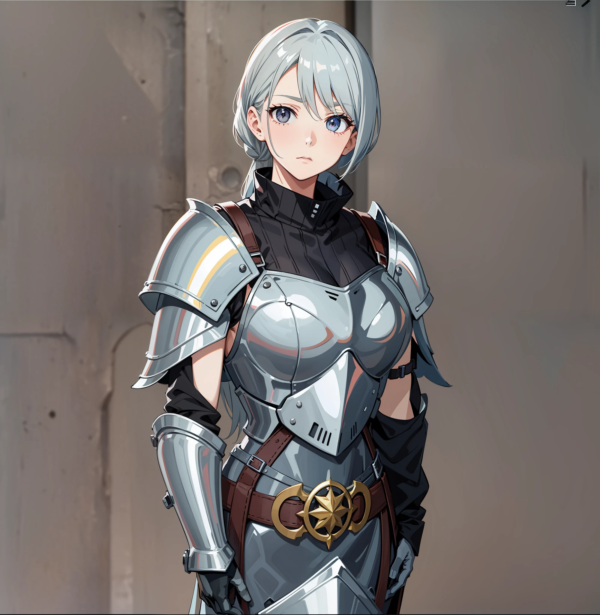 Screenshots of Anime A 28-year-old woman with ash gray hair in a medieval European knight's costume stands looking at us with a very tired expression. The figure is lean. Fine line art 2020s anime