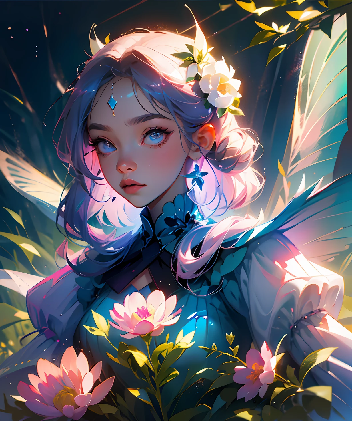 Best Quality, Masterpiece, 1girl, Pose, Particle, Wind, Flower, Upper Body, Blue-Pink Color Scheme, Simple Background, Looking at the Viewer, Flower Fairy, Wings, Forest. --auto --s2