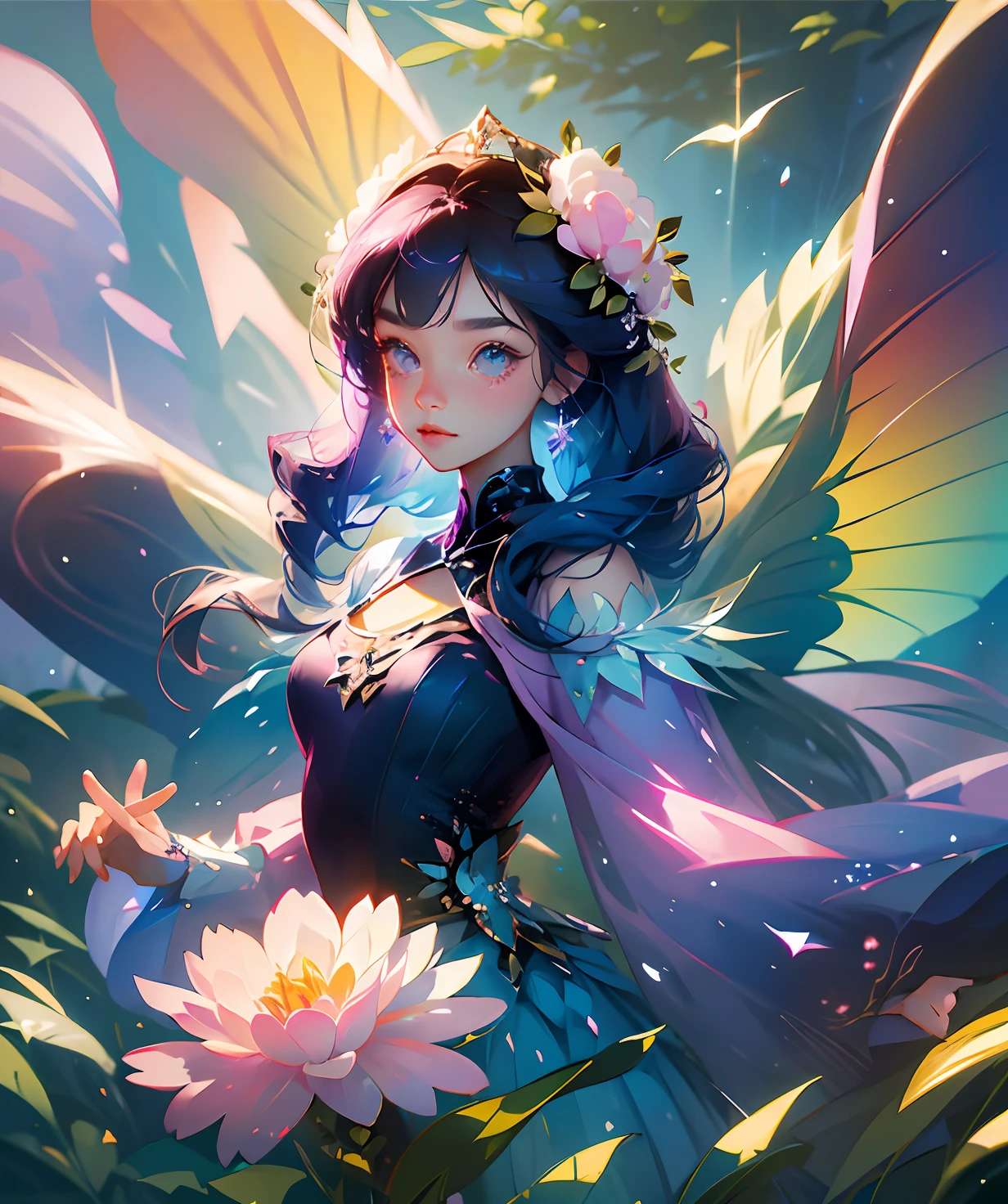 Best Quality, Masterpiece, 1girl, Pose, Particle, Wind, Flower, Upper Body, Blue-Pink Color Scheme, Simple Background, Looking at the Viewer, Flower Fairy, Wings, Forest. --auto --s2