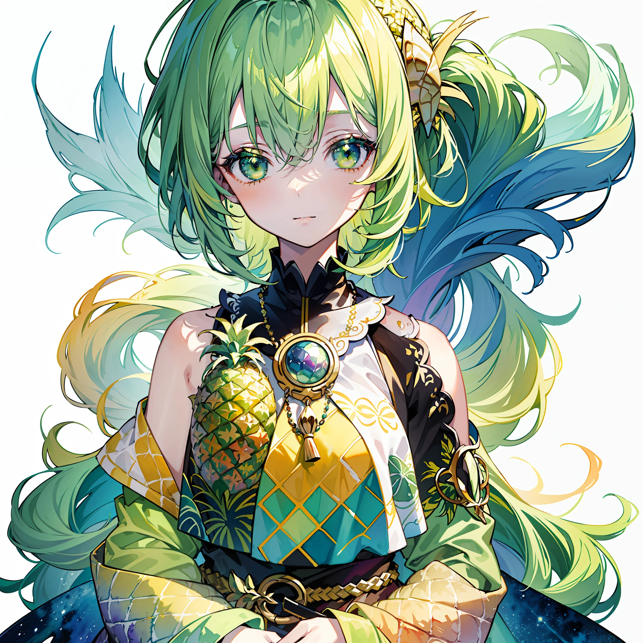 (Masterpiece, Top Quality, Top Quality, Watercolor (Medium), Official Art, Beautiful and Aesthetic: 1.2), (1 Girl: 1.3), (Fractal Art: 1.3), Watch Viewer, Pattern, (Iridescent Hair, Colorful Hair, Half Yellow and Half Green Hair: 1.2), Pineapple, Pineapple