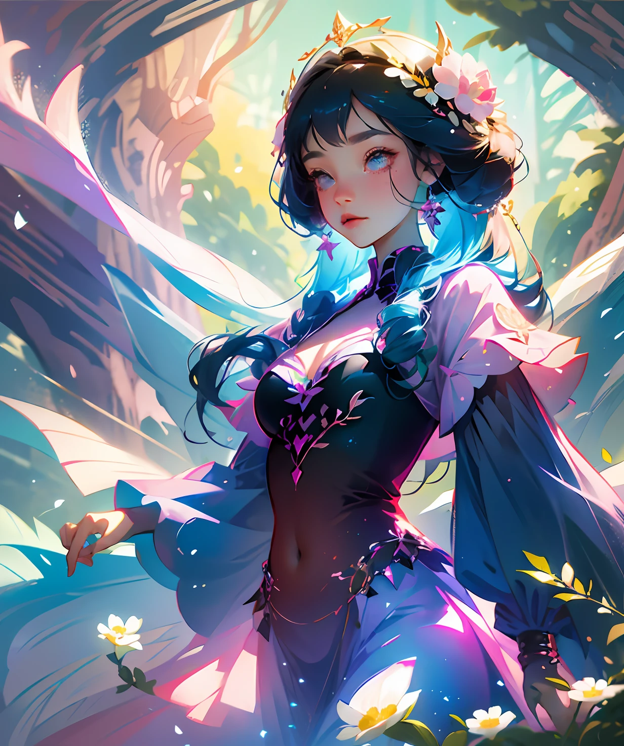 Best Quality, Masterpiece, 1girl, Pose, Particle, Wind, Flower, Upper Body, Blue-Pink Color Scheme, Simple Background, Looking at the Viewer, Flower Fairy, Wings, Forest. --auto --s2