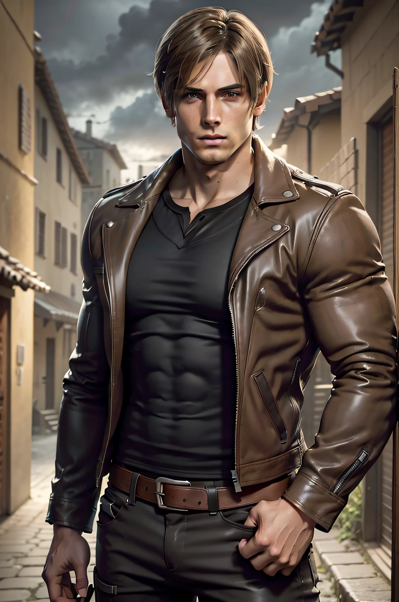 1 man, young man, 27 year old, Leon S. Kennedy from Resident evil 4, face of Eudard Badaluta, solo, white skin, muscular, lean muscle man, tall, hunk, wide shoulder, clean-shaven, dark brown hair, curtain hairstyle, dark brown cold long sleeve leather jacket with white fur on the neck, black color T shirt inside, black pant, holding a pistol on right hand, viewer looking, high resolution:1.2, best quality, upper body shot, flat style, cloudy sky and old Spanish village background, nightime, low camera angle, volumetric lighting, depth of field, shadow