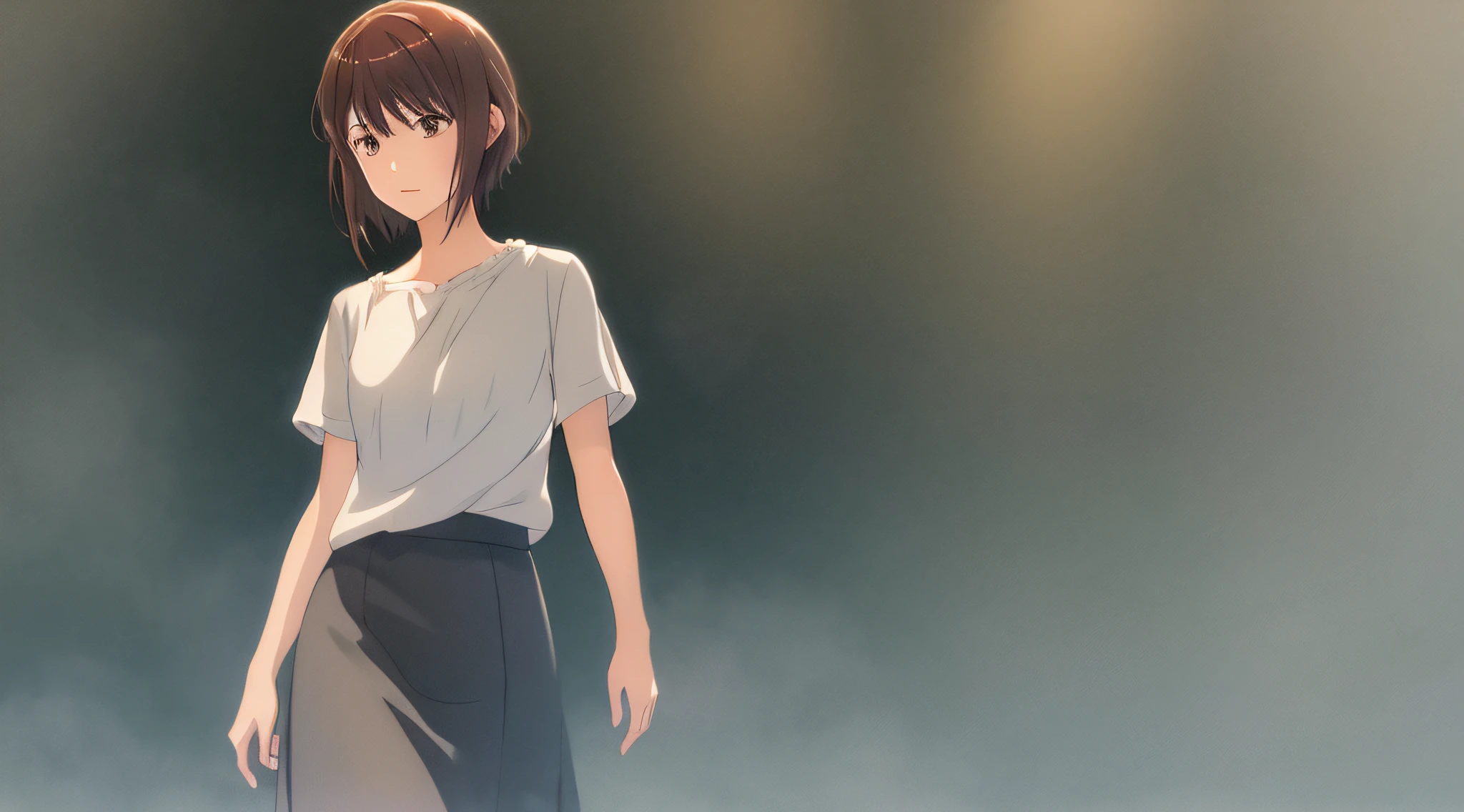 Detailed and perfect anime style illustration, brown short hair, very cute young woman, female focus, solo, wearing gray shirt and gray long skirt. Daydream, dramatic and fantastic foggy mysterious background, background blurred, dramatic lighting Makoto Shinkai