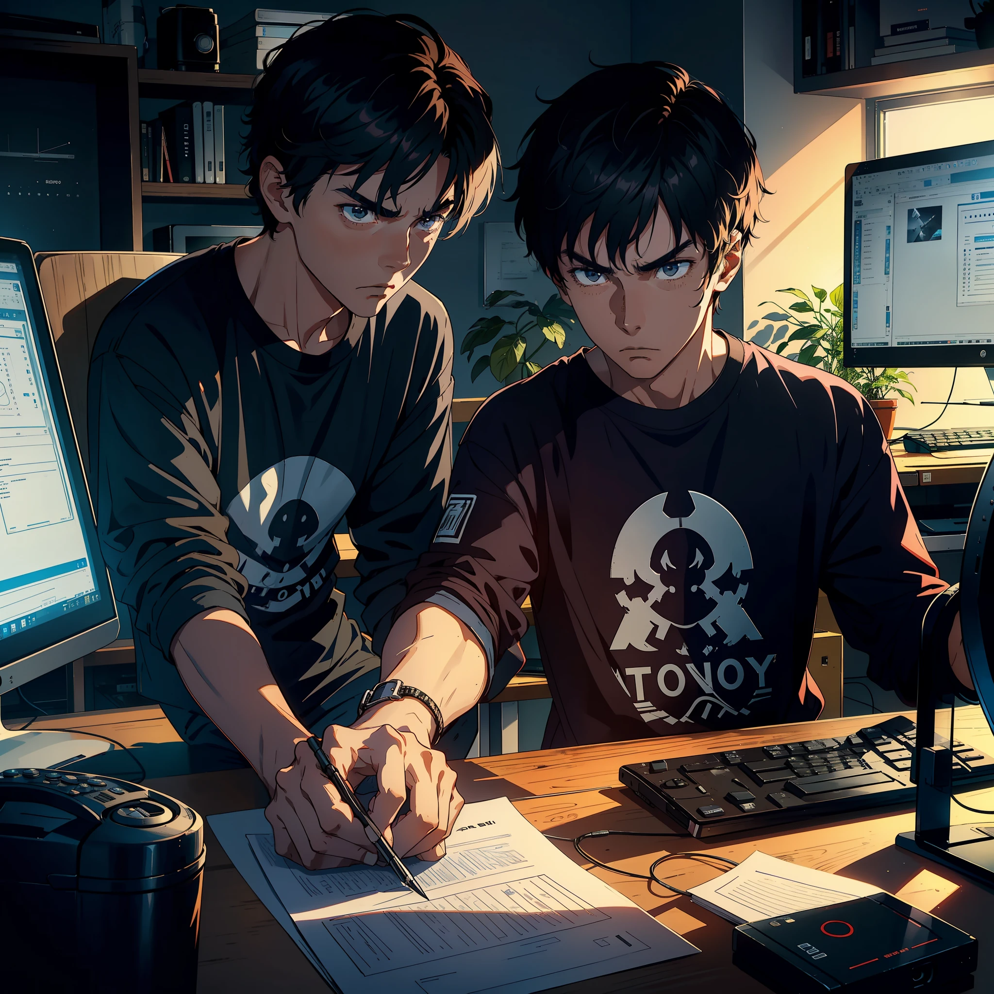 A man, 20 years old, non-mainstream, sitting in front of a computer screen, looking at the computer screen, angry, in the room