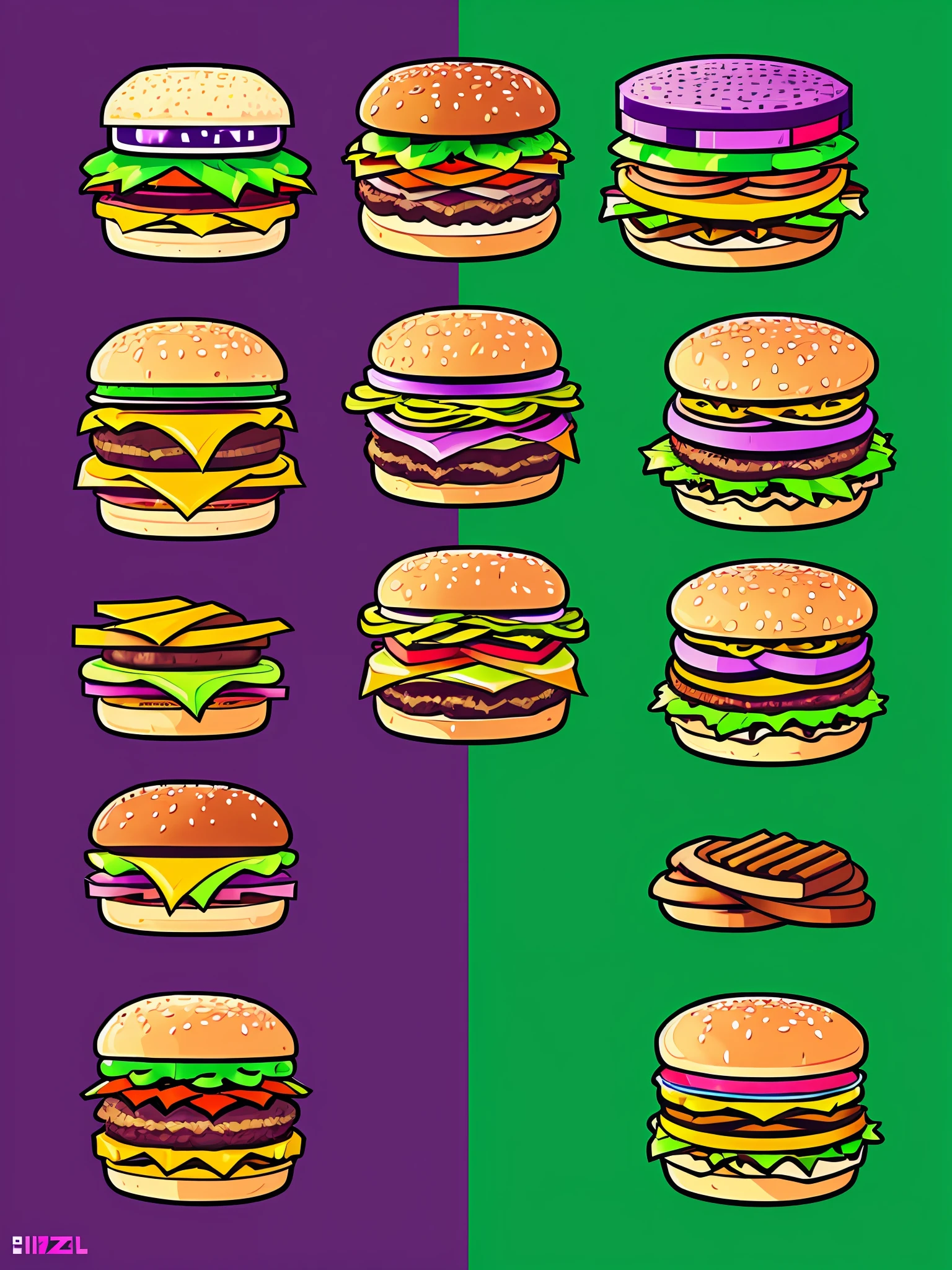 15 different hamburgers in LazrPopAI style,pixel art,2d,modern,minimalist,using green and purple colors,vibrant colors,minimalist