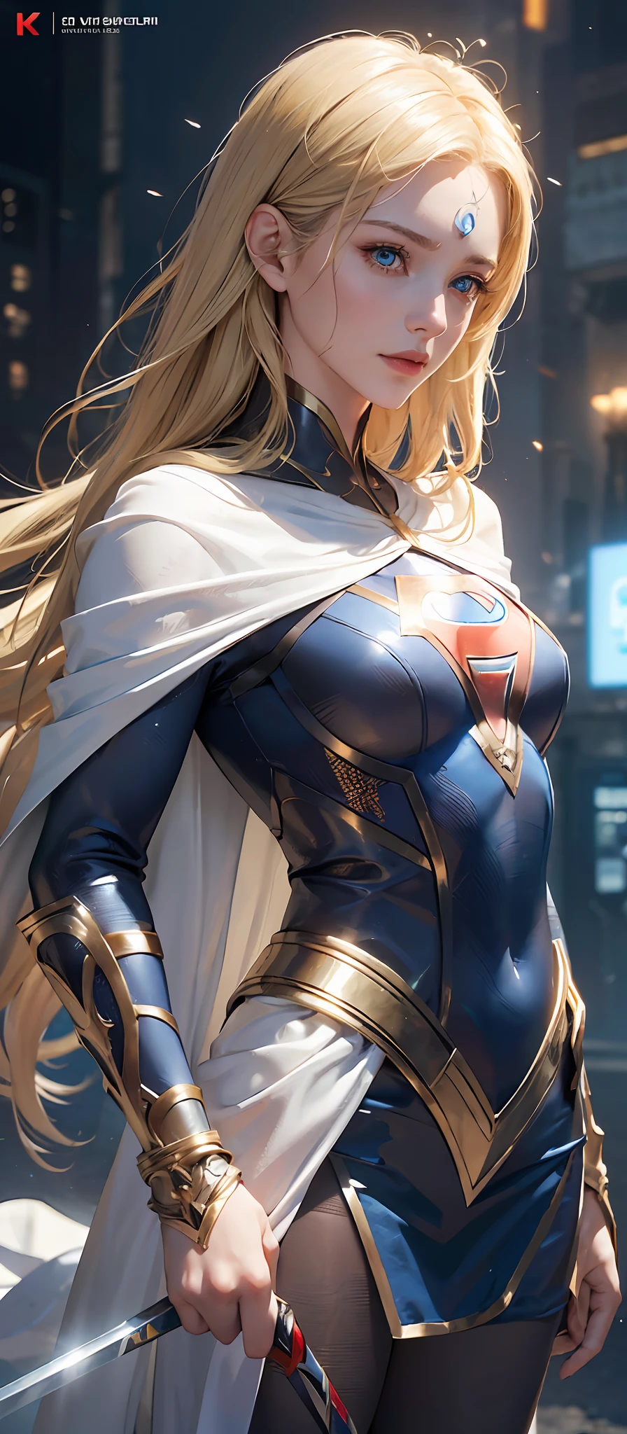 Supergirl, best quality, film, official art, sand, natural advertising art, movie wallpaper, very detailed CG uniform 4k wallpaper, intricate details, white background, upper body, facial focus, full body, concept art, making art, ( , high resolution, (realistic, photorealistic: 1.2), physically based rendering, mechanics, reflection, realism, cyberpunk, symmetry front view closeup avatar eyes symmetry face very sharp realistic focus awarded mask painting film light 1, wick, (illustration: 1.1), thin, fair skinned, delicate face, king robe, glow, pantyhose, (long blonde hair), blue eyes, supernan symbol S on chest, battlefield, chip, glow, sword --auto --s2