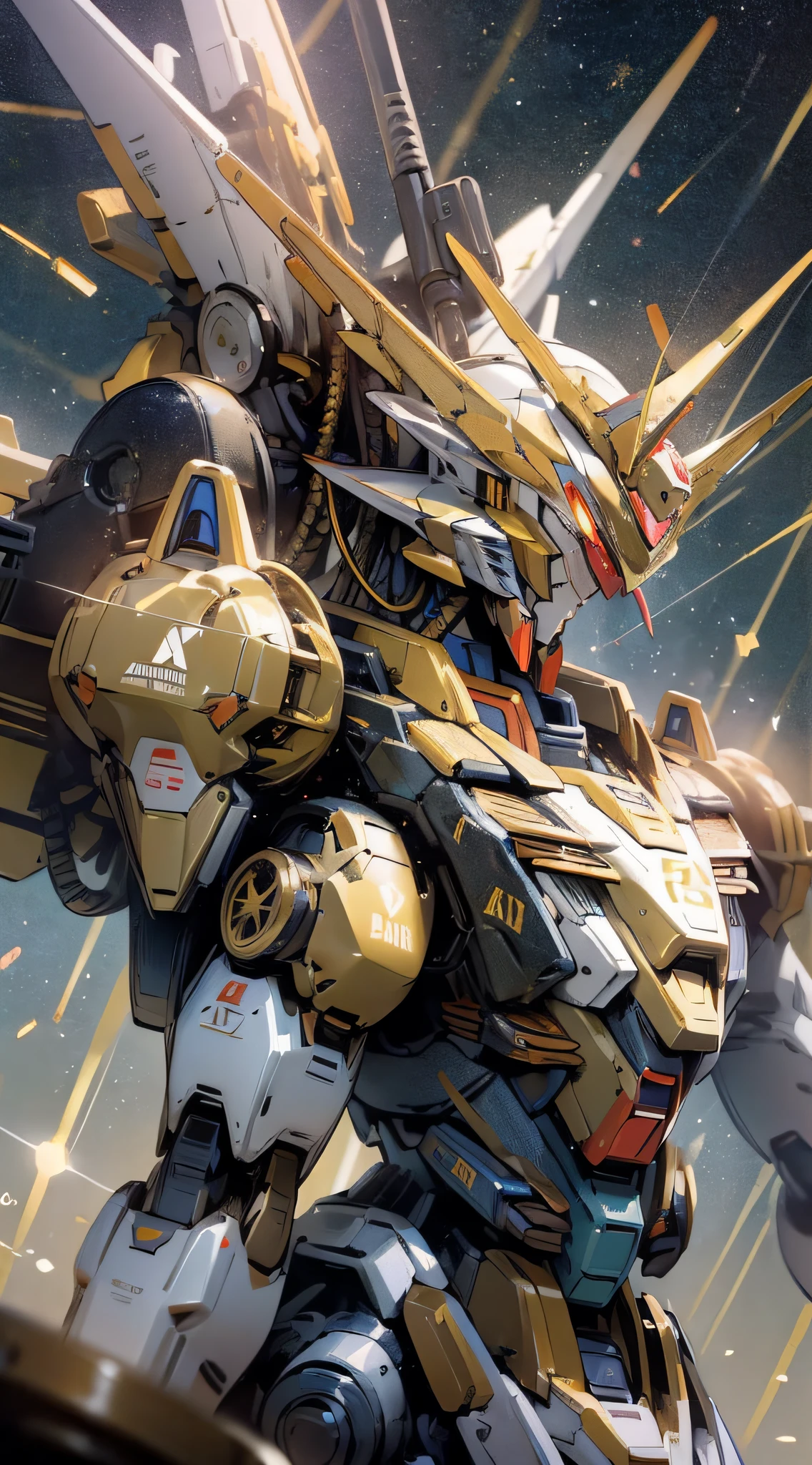 ((Masterpiece, better quality)), illustration, ultra-detailed 8k, realistic, sharp focus, very detailed, professional lighting, colorful details, cosmic starry sky, large mechanical robot structure, Gundam, glossy, intricate details, cyberpunk, upper body, Gundam, Golden Gundam, dragon, shitu-mecha, --auto --s2