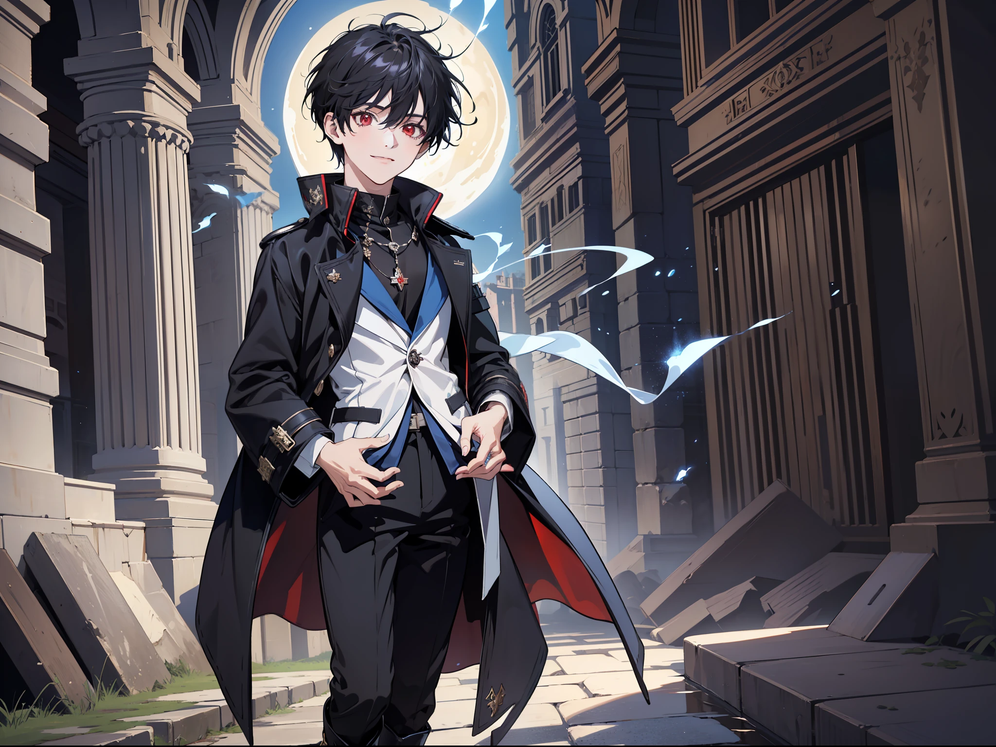 (Ridiculous, High Resolution), (Panorama), , Red Eyes, Short Hair, Black Hair, Smile, White Underwear, Black Trench Coat, Black Pants, Black Boots, (White Magic Streamer for Hands), Ancient Magic, Elegance, Medieval Style, Magic Bloom, (Blue Magic Array Under Feet), Daytime, Antique Style, Soul Ring